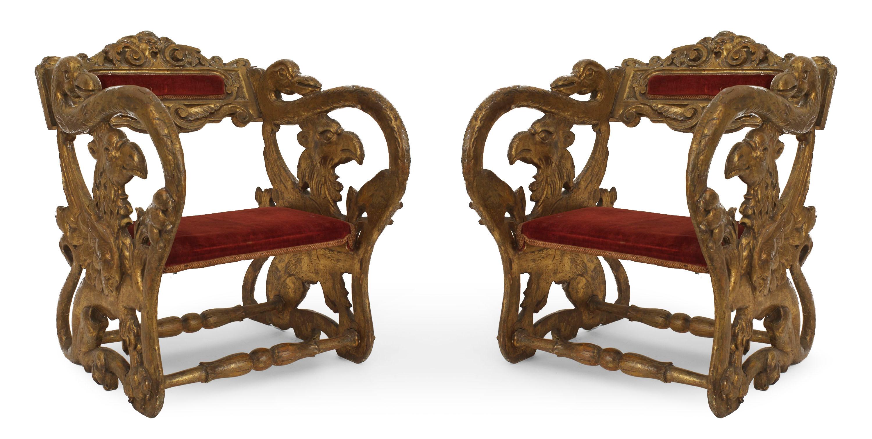 Set of 4 Italian Renaissance-style (19th Century) gilt jester armchairs with swan arms, eagle sides, and red upholstered seats and backs.
