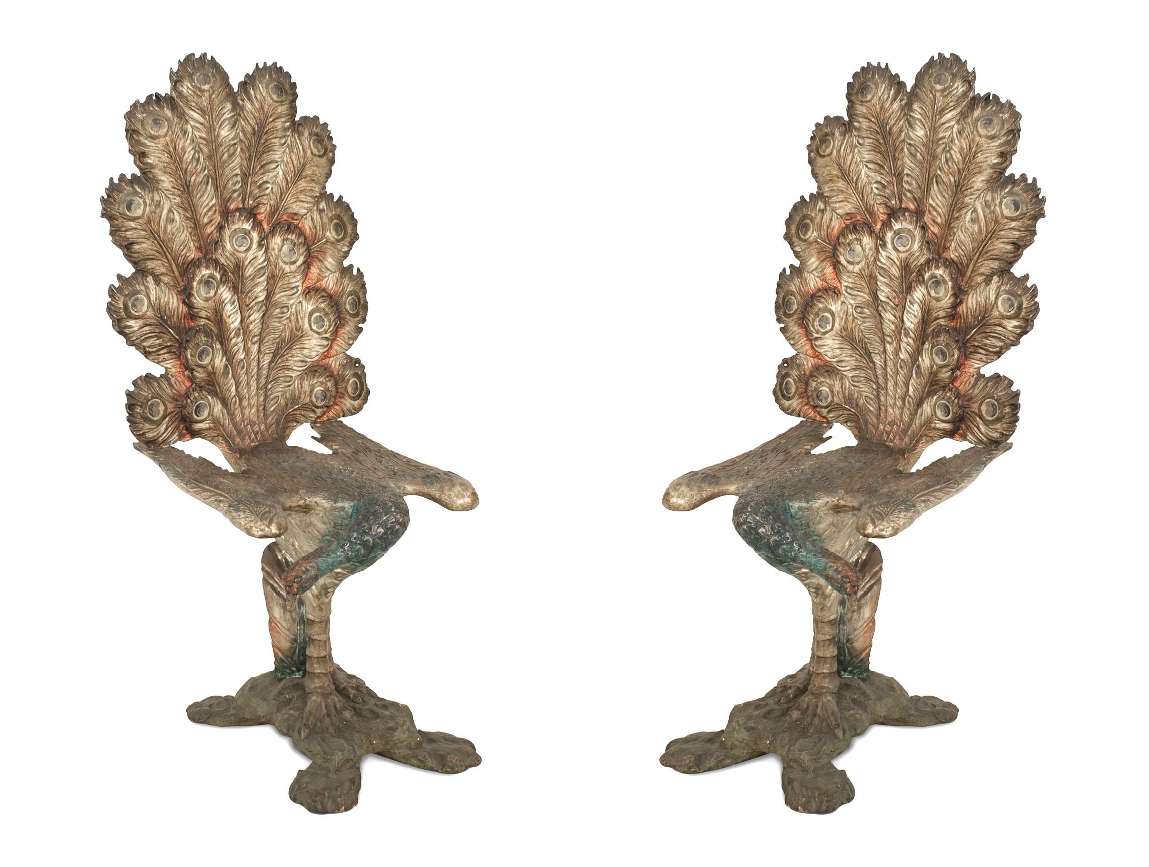 Pair of Italian Venetian style Grotto (19th Cent) silver gilt and polychromed carved peacock design side chairs
