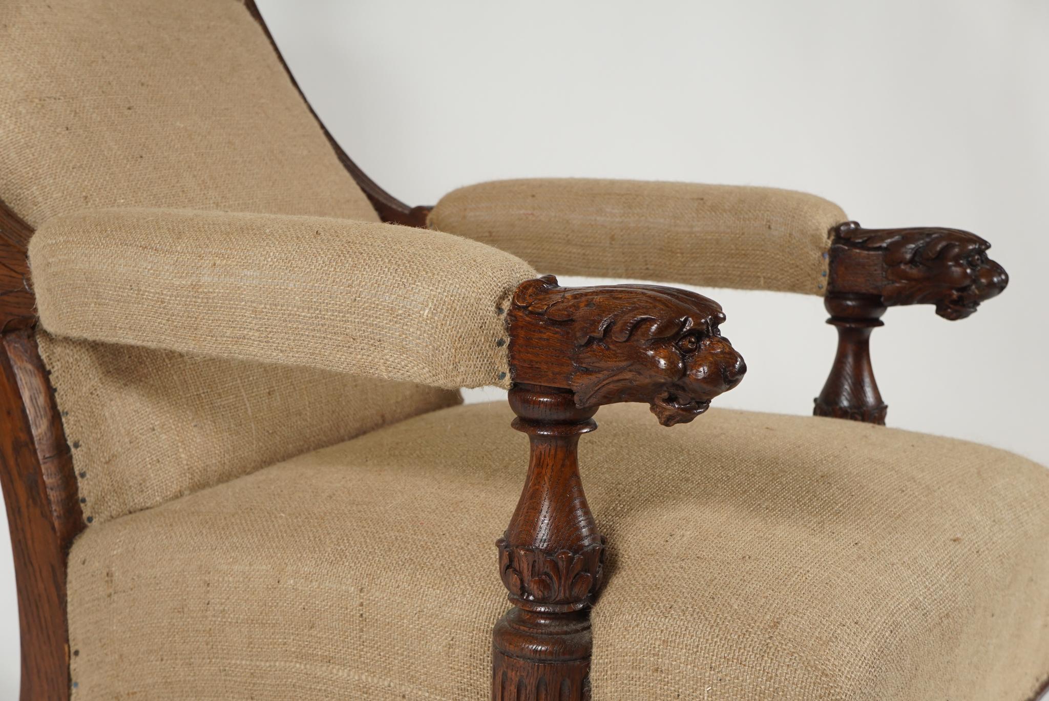 Danish Pair of 19th Century Library Chairs with Lion's Head Carvings