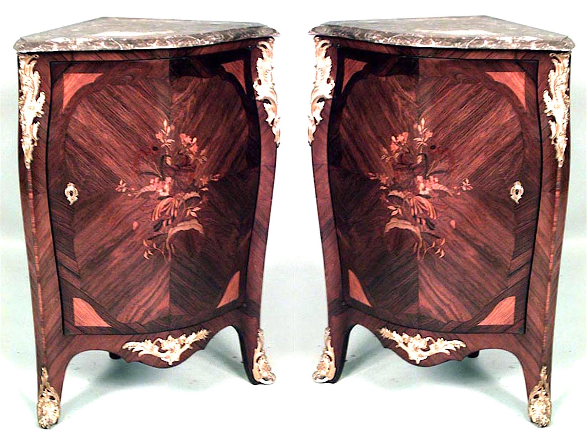 Pair of French Louis XV-style (19th Century) low corner cabinets with bronze trim and brown marble top with single inlaid front door. (PRICED AS Pair)
