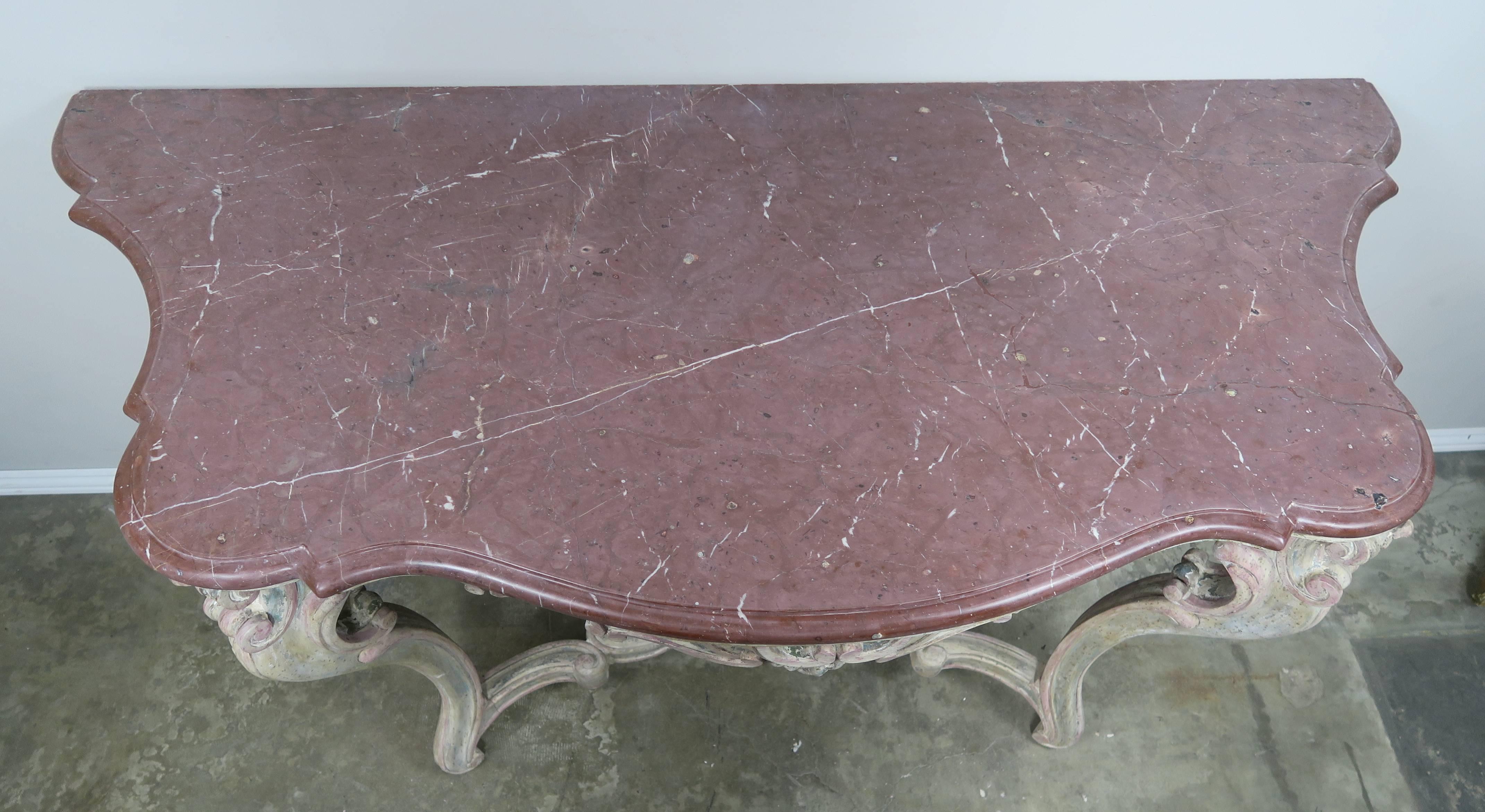 French Pair of 19th Century Louis XV Style Painted Consoles with Marble Tops