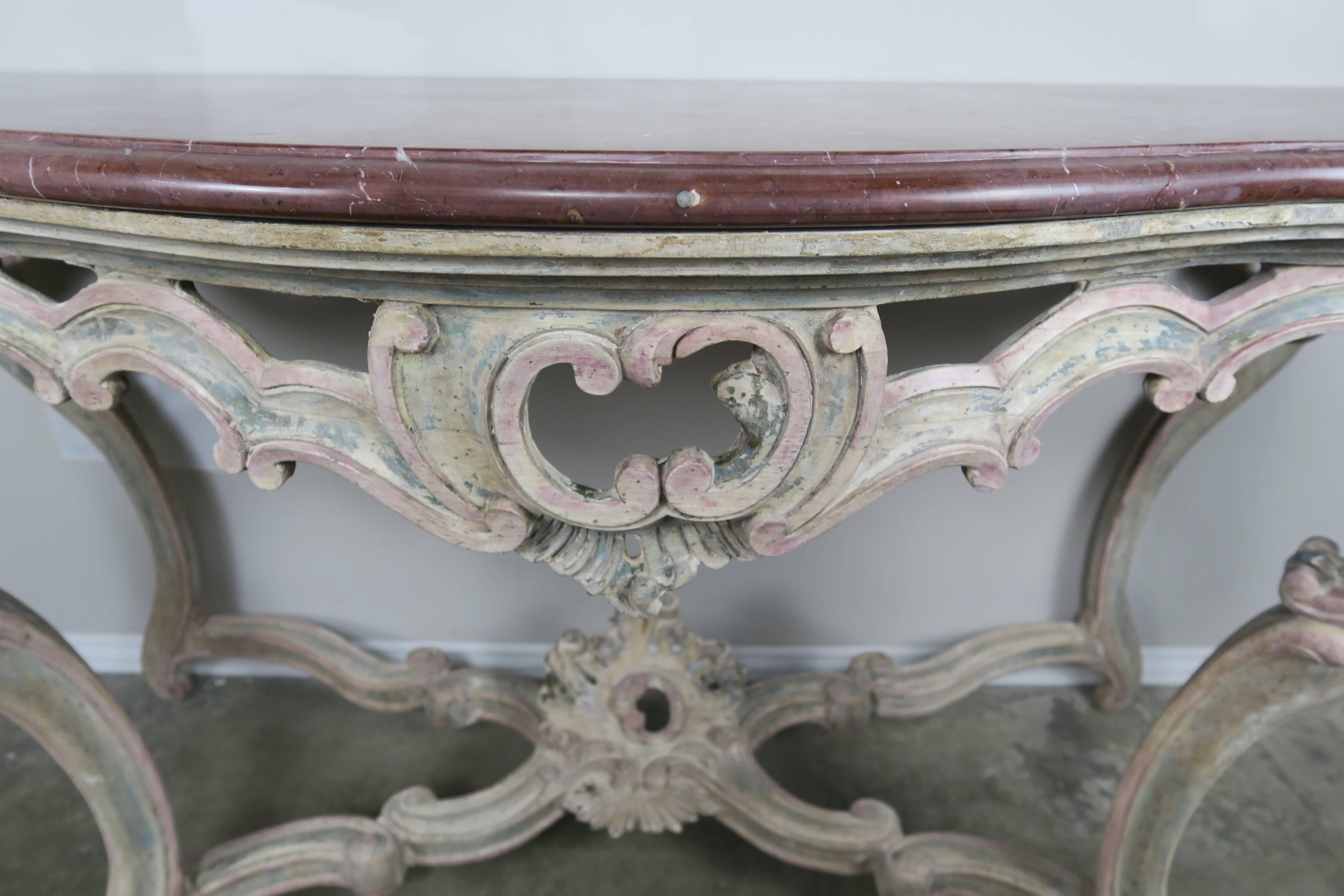 Bleached Pair of 19th Century Louis XV Style Painted Consoles with Marble Tops