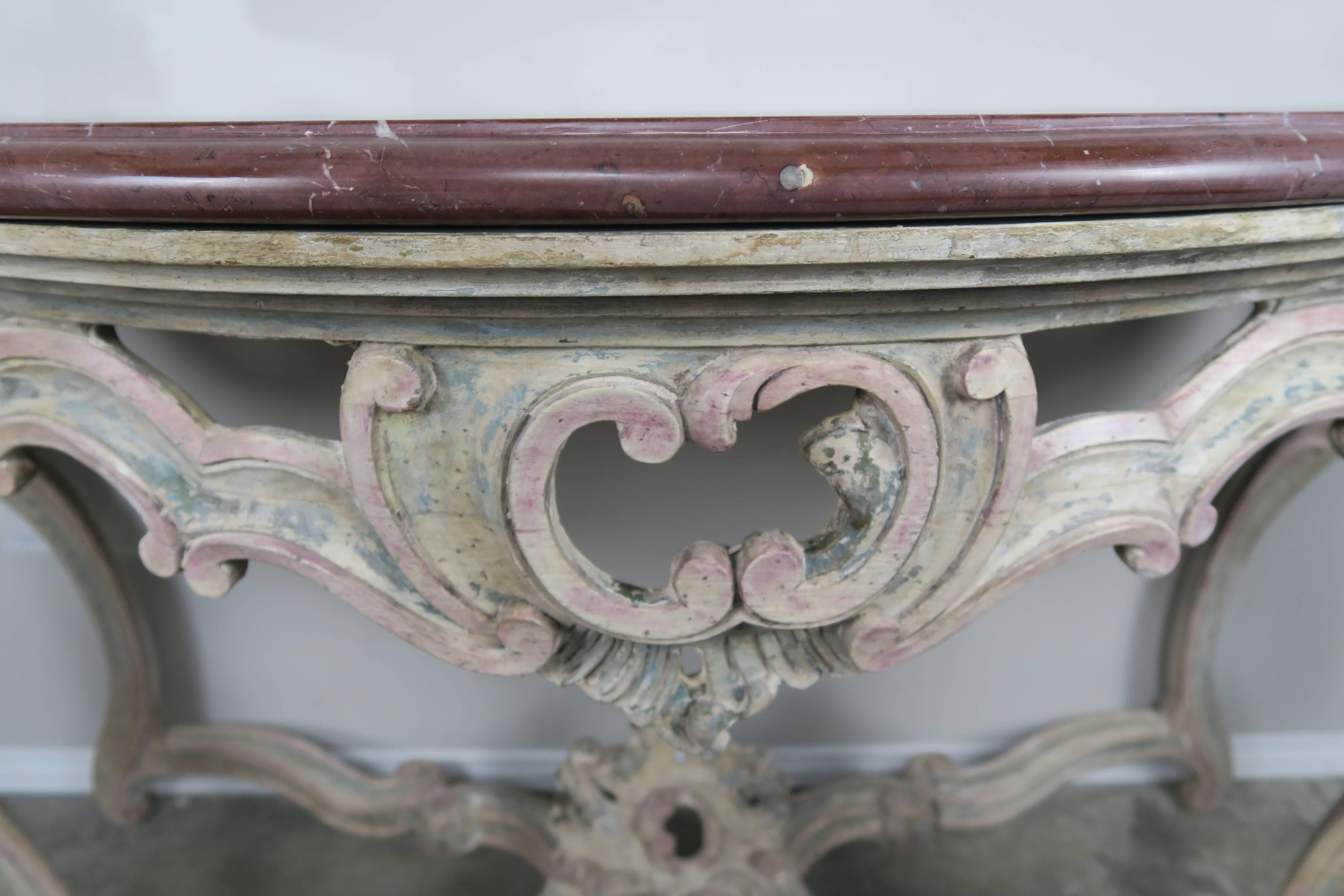 Pair of 19th Century Louis XV Style Painted Consoles with Marble Tops In Distressed Condition In Los Angeles, CA