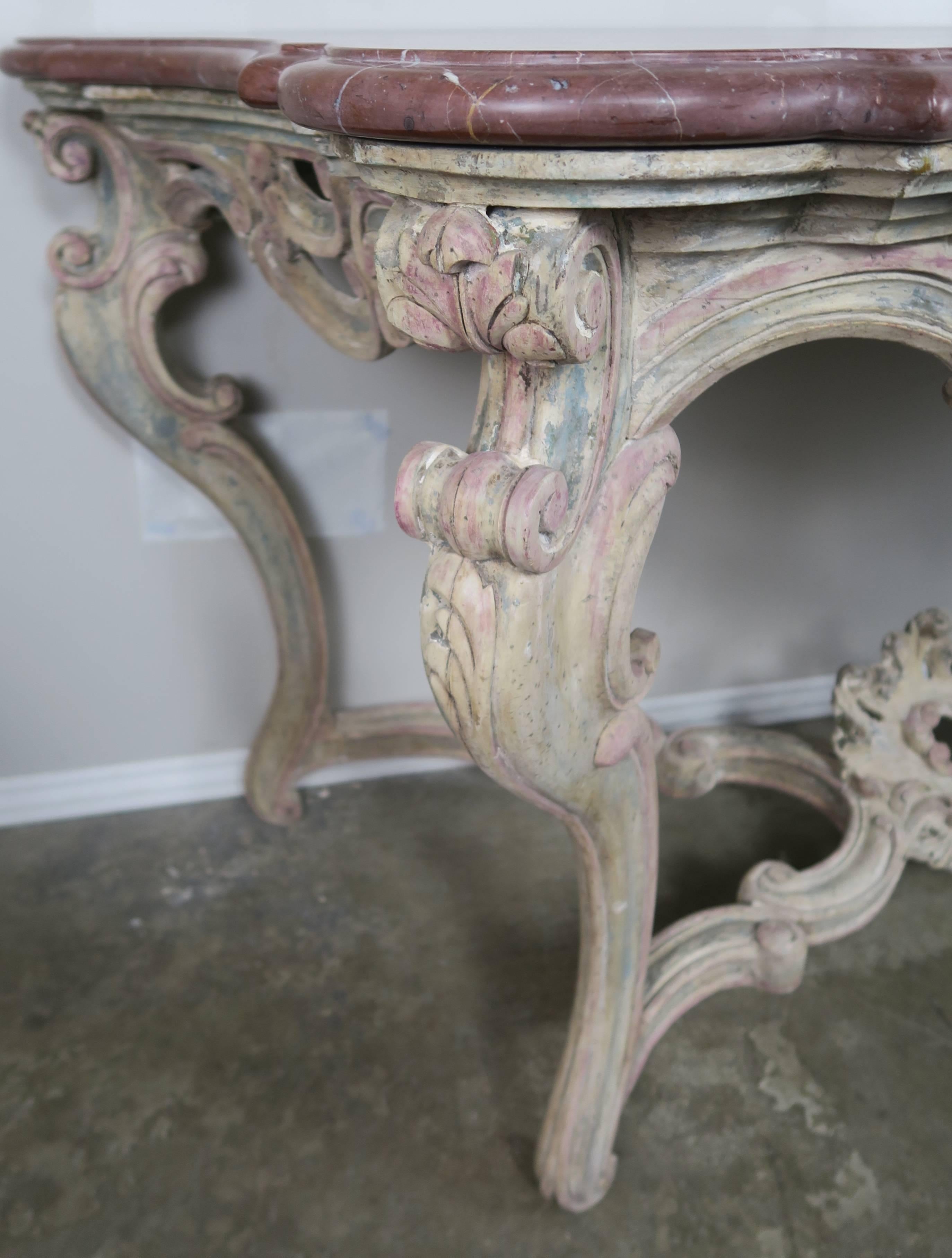 Walnut Pair of 19th Century Louis XV Style Painted Consoles with Marble Tops