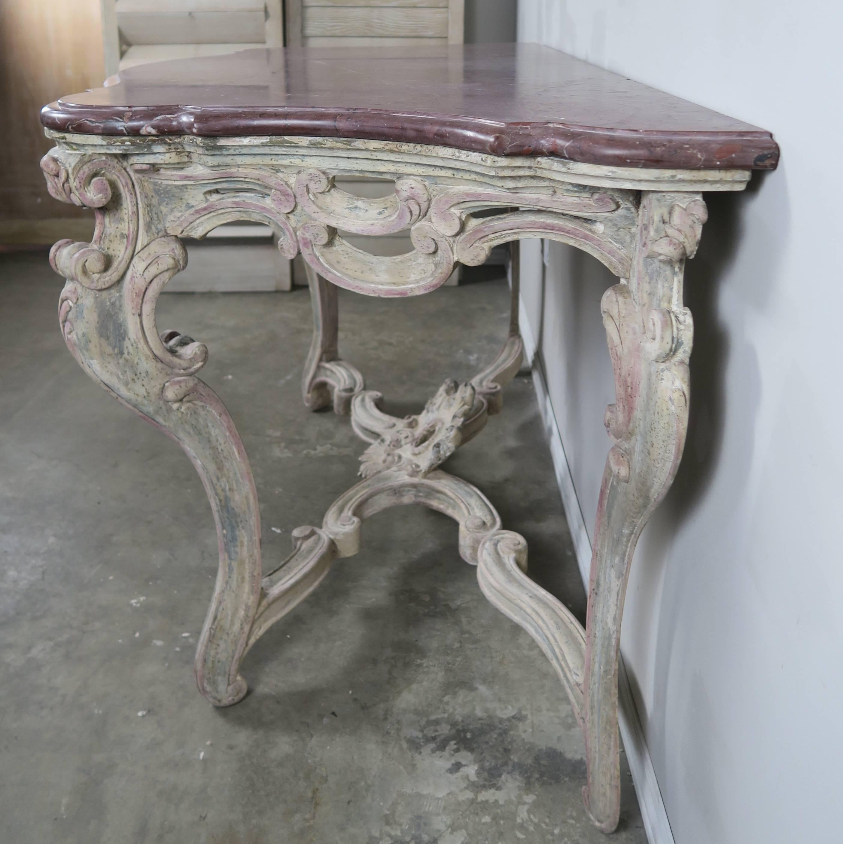 Pair of 19th Century Louis XV Style Painted Consoles with Marble Tops 2