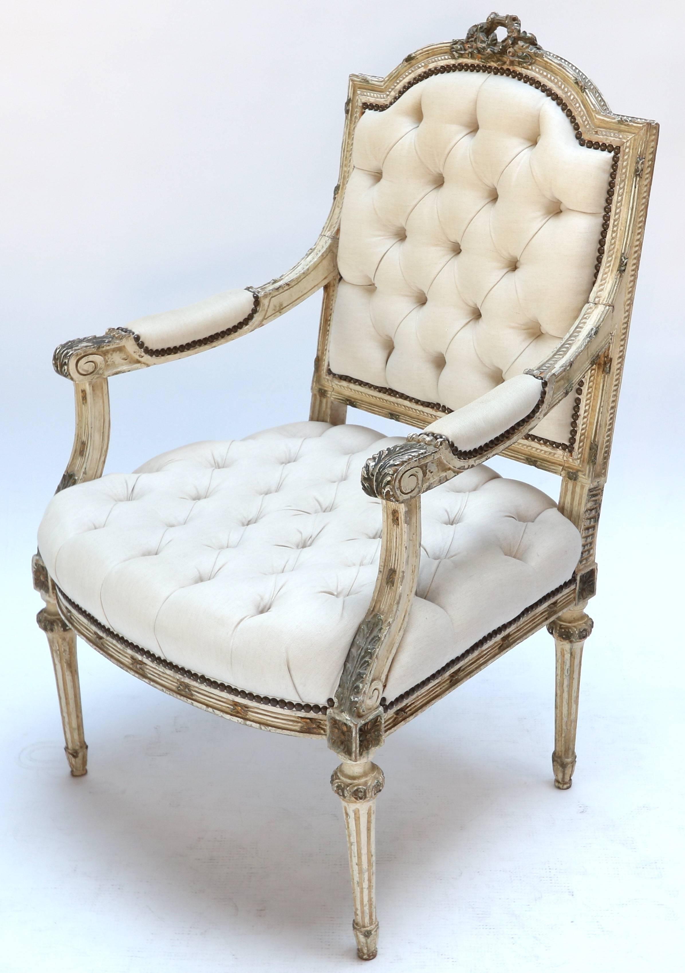 French Pair of 19th Century White Louis XVI Armchairs in Beige Linen For Sale
