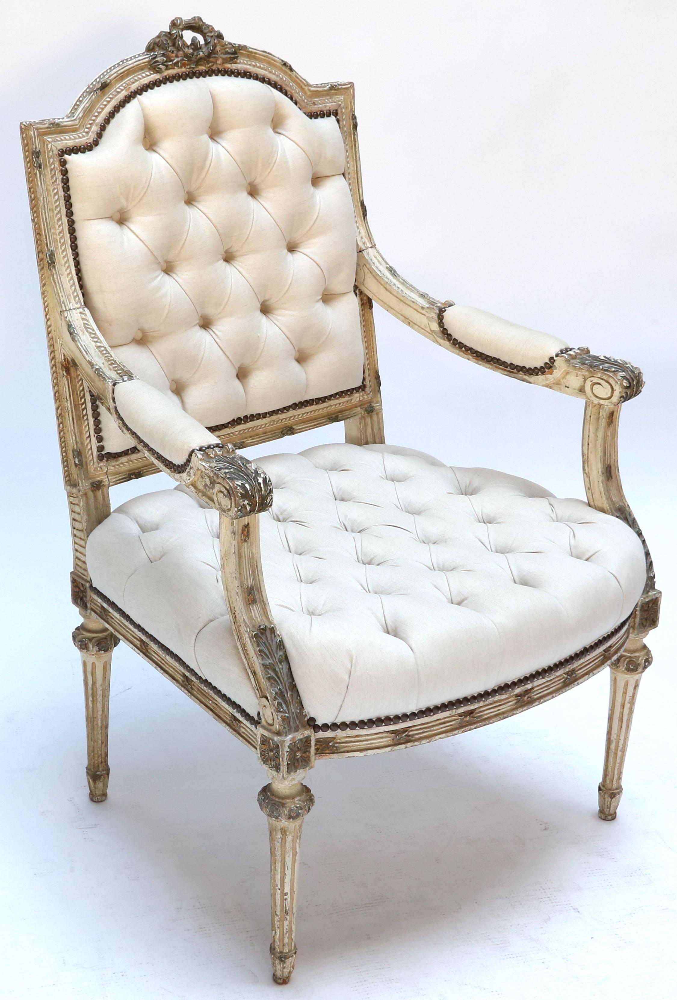 Pair of 19th Century White Louis XVI Armchairs in Beige Linen In Good Condition For Sale In Los Angeles, CA