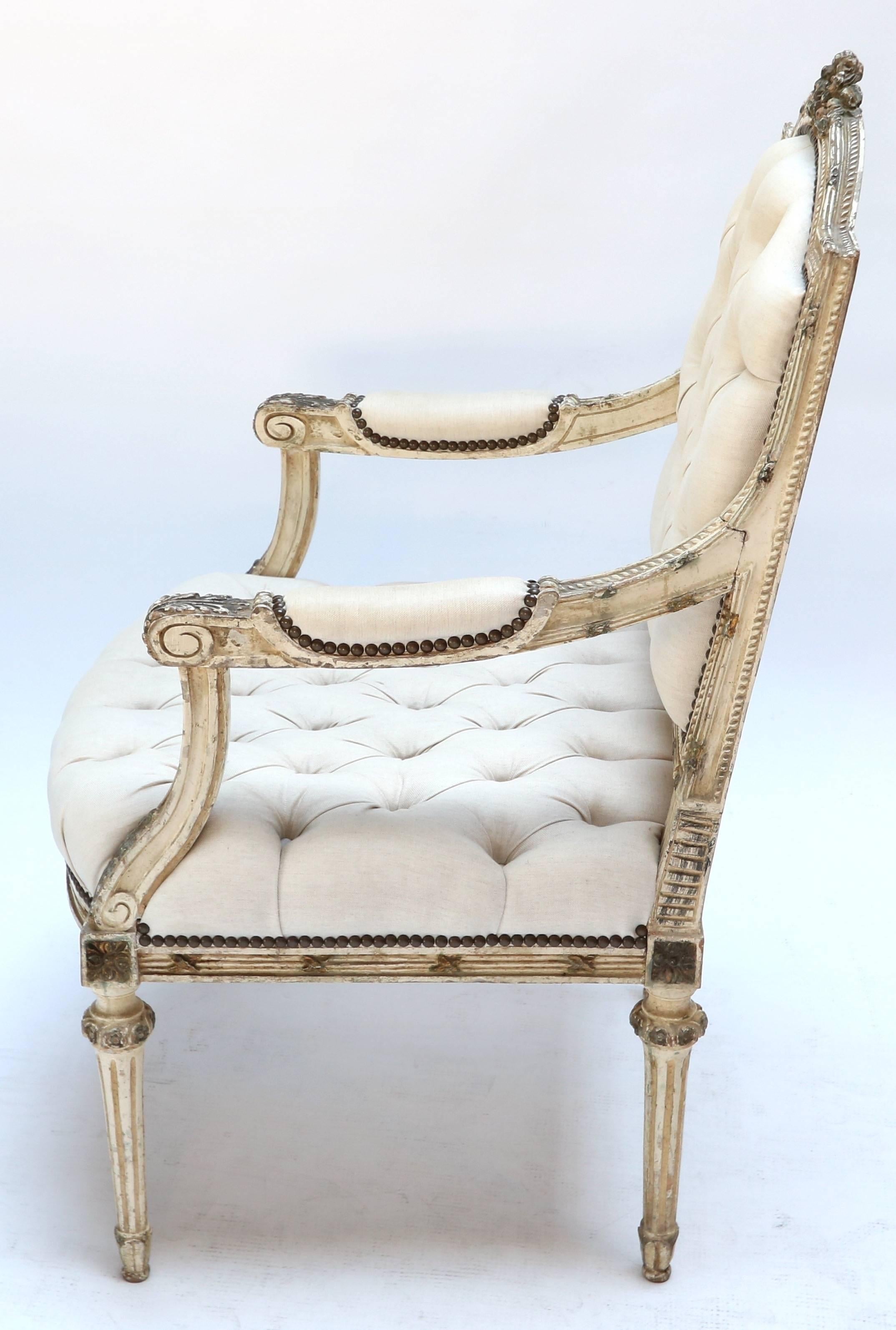 Pair of 19th Century White Louis XVI Armchairs in Beige Linen For Sale 1