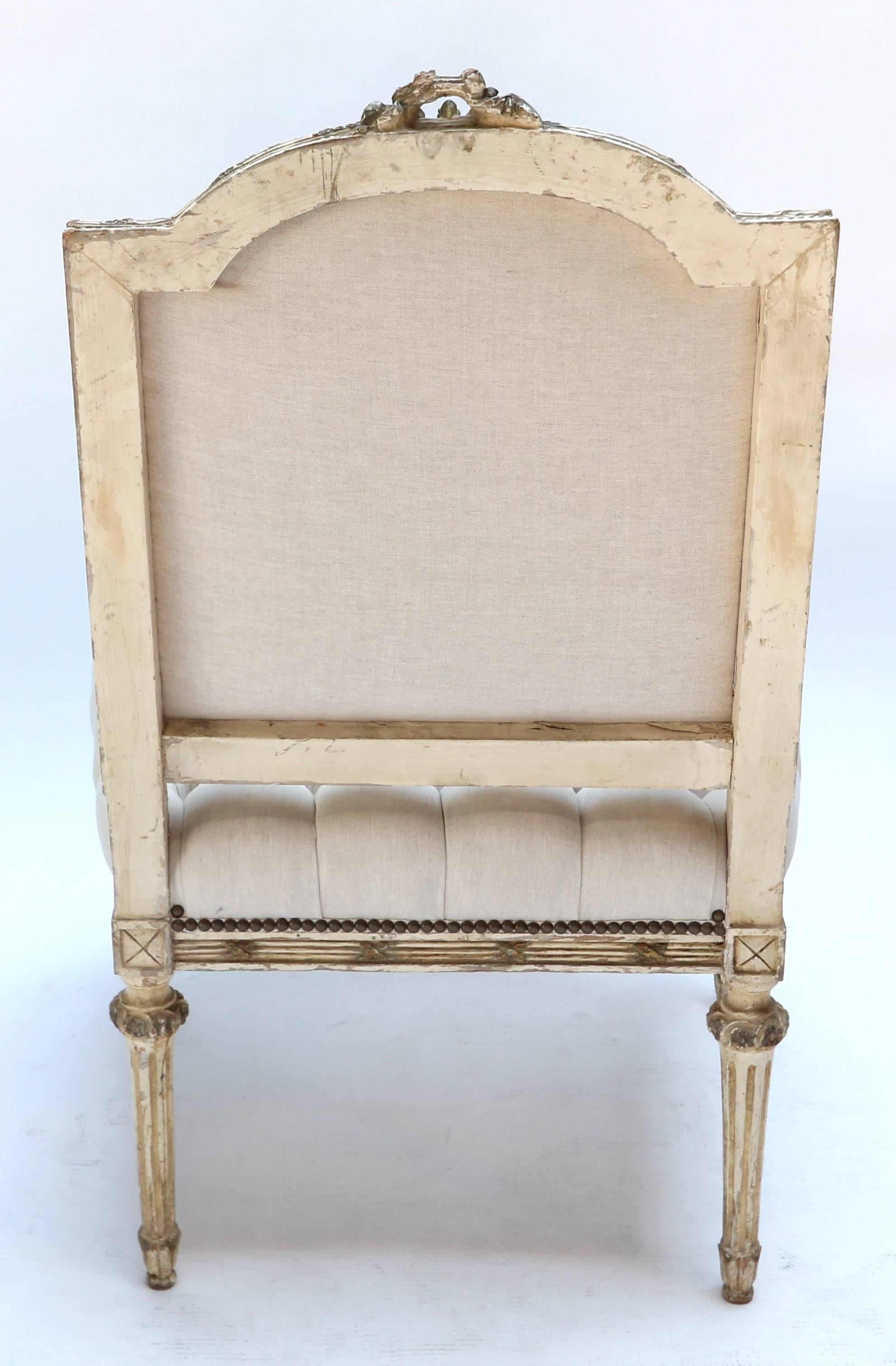 Pair of 19th Century White Louis XVI Armchairs in Beige Linen For Sale 2
