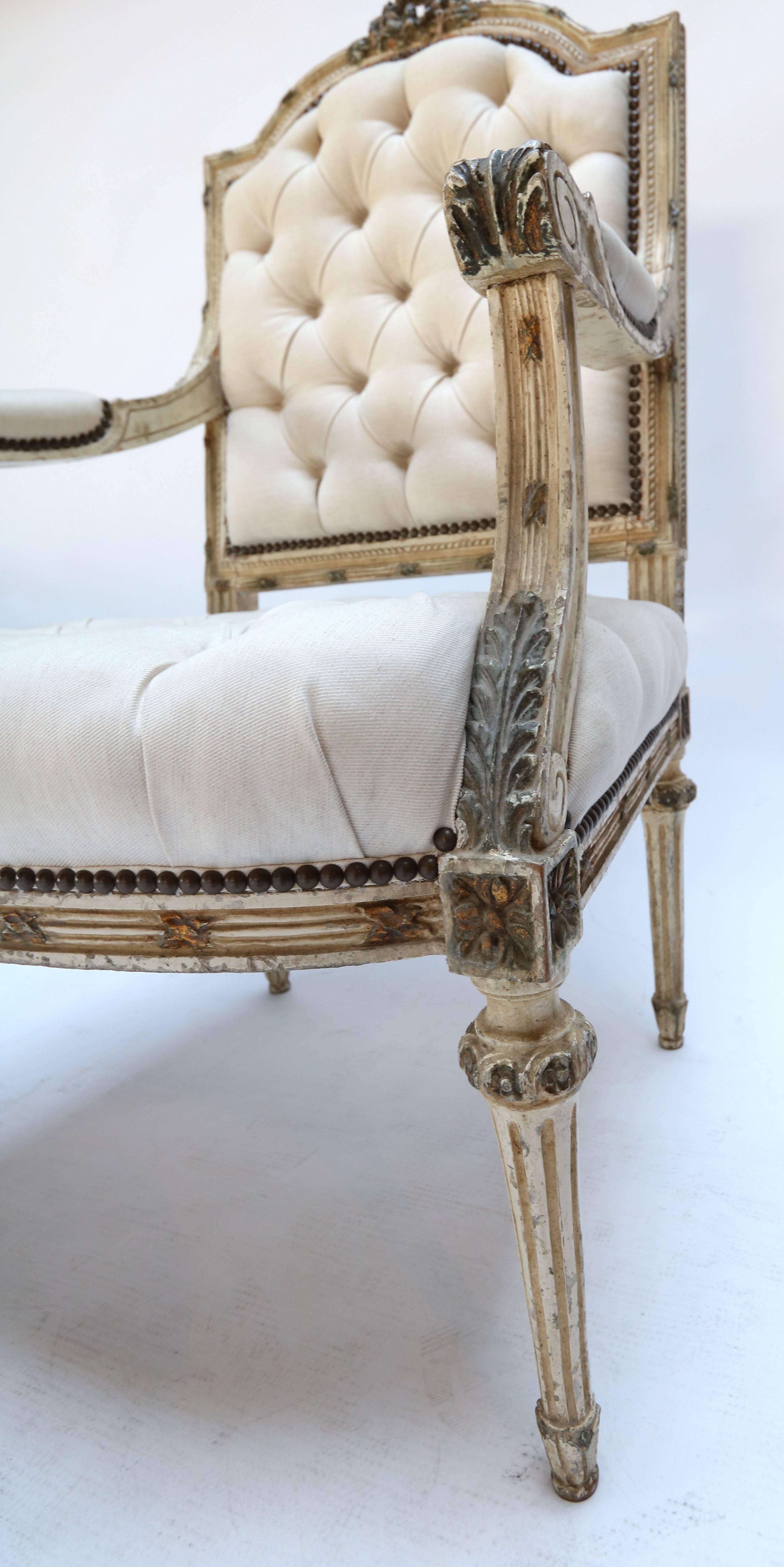 Pair of 19th Century White Louis XVI Armchairs in Beige Linen For Sale 3