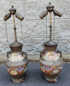 Pair of 19th C Meiji Bronze Champleve and Cloisonne Enamel Vases Mounted as Lamp