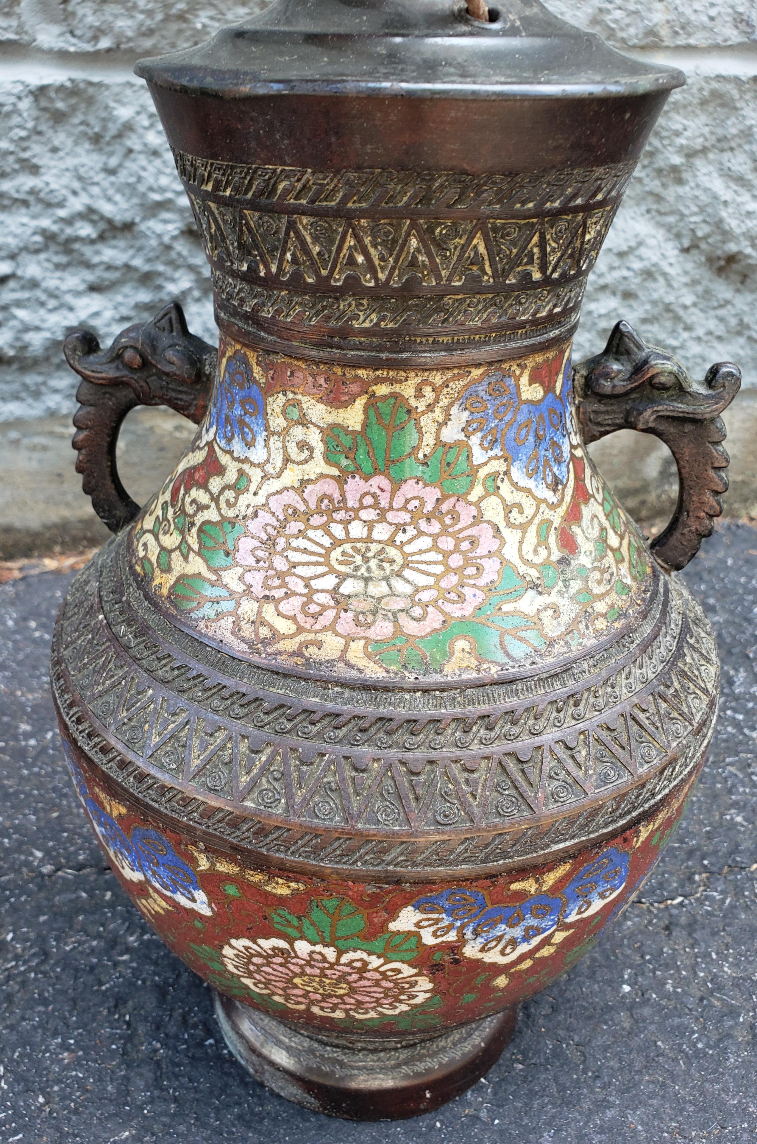 Pair of 19th C Meiji Bronze Champleve and Cloisonne Enamel Vases Mounted as Lamp For Sale 1