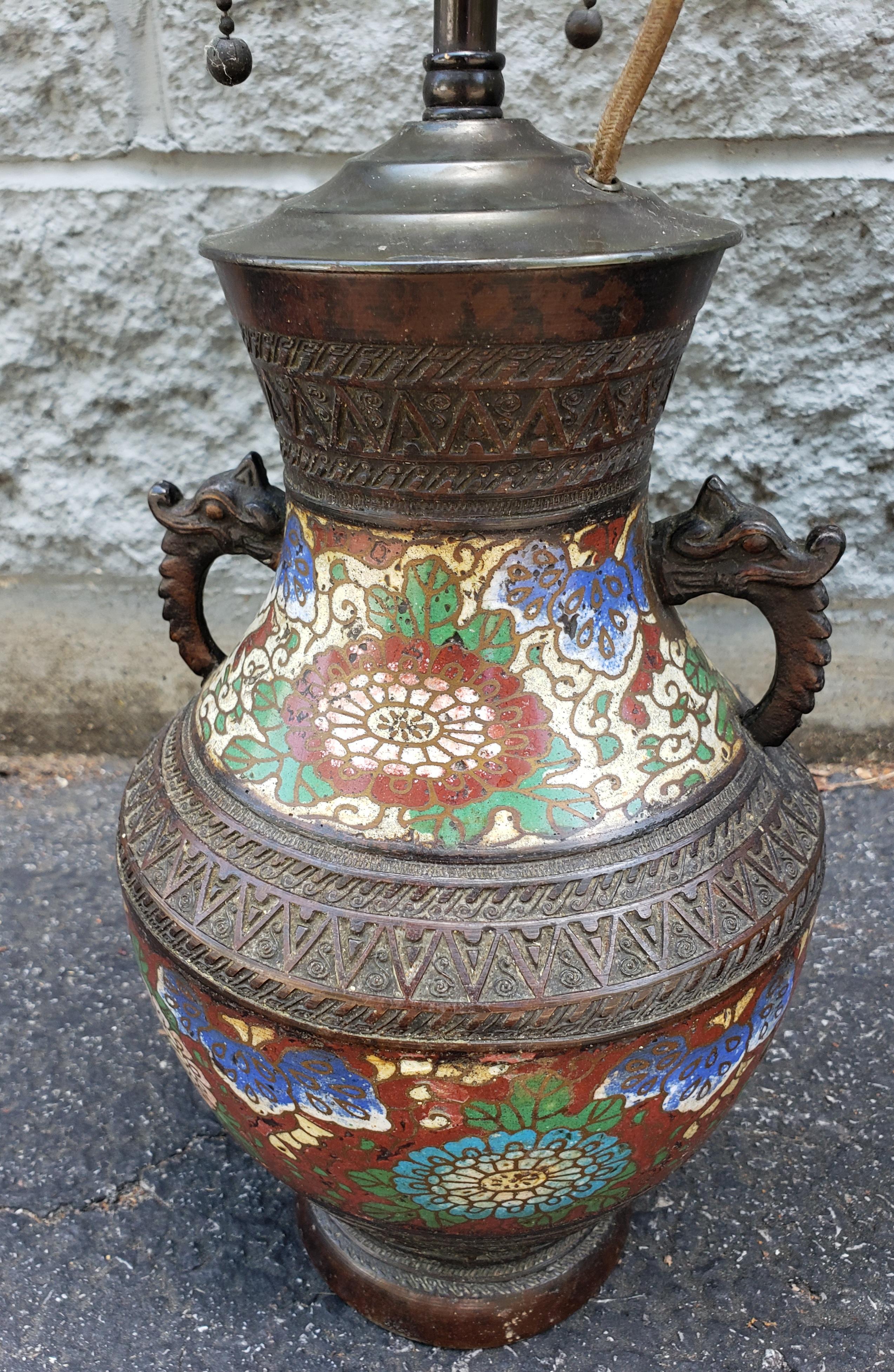Pair of 19th C Meiji Bronze Champleve and Cloisonne Enamel Vases Mounted as Lamp For Sale 2