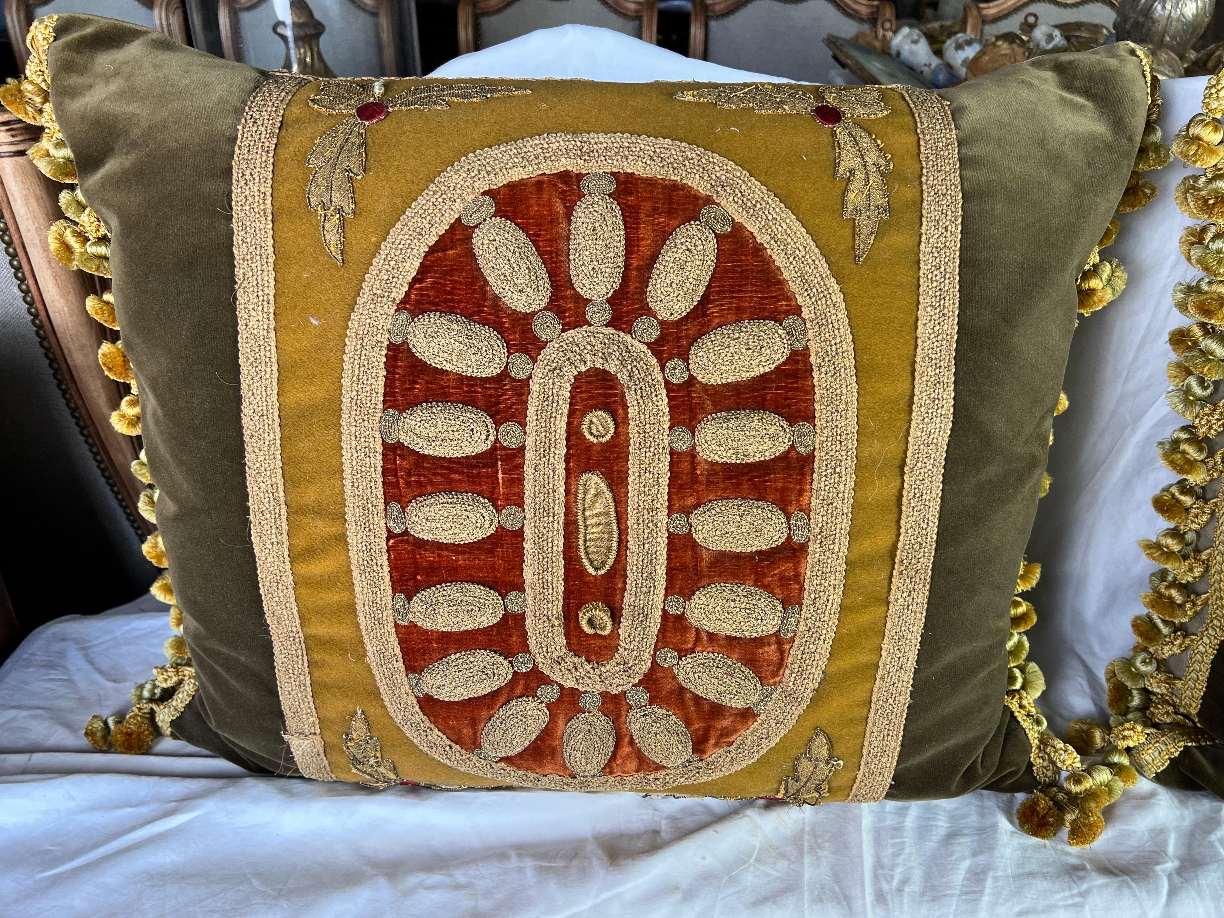 Other Pair of 19th C. Metallic Embroidered Pillows w/ Trim For Sale