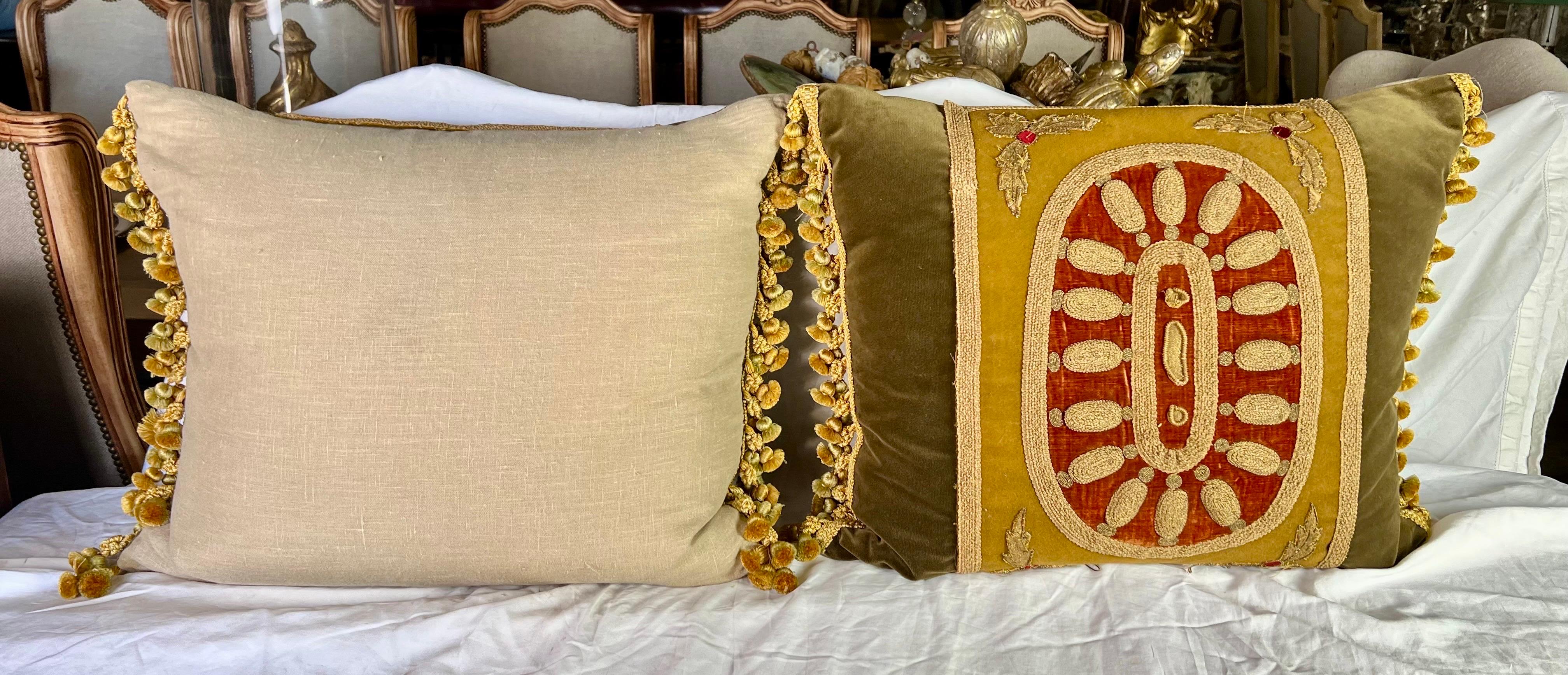 Pair of 19th C. Metallic Embroidered Pillows w/ Trim For Sale 1