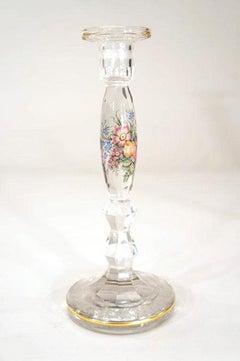 Pair of Moser Hand Blown Crystal Candlesticks with Enamel and Gilt Decoration