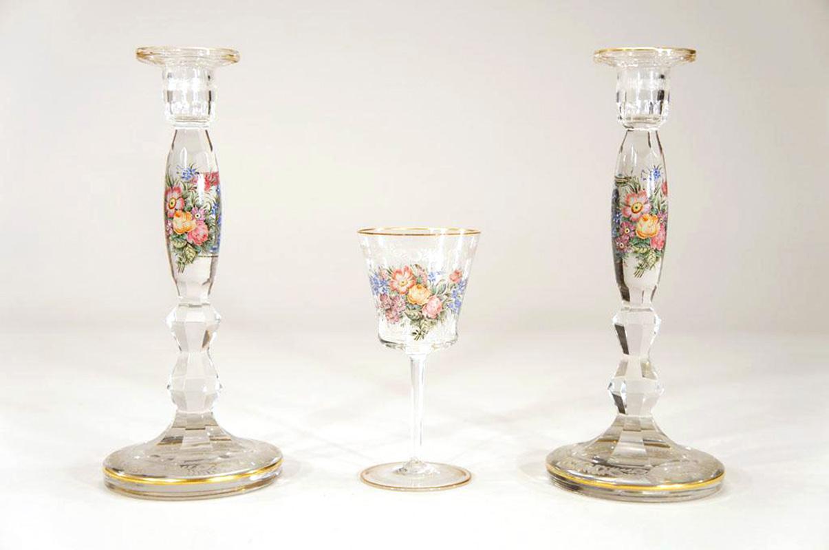 Pair of Moser Hand Blown Crystal Candlesticks with Enamel and Gilt Decoration For Sale 1