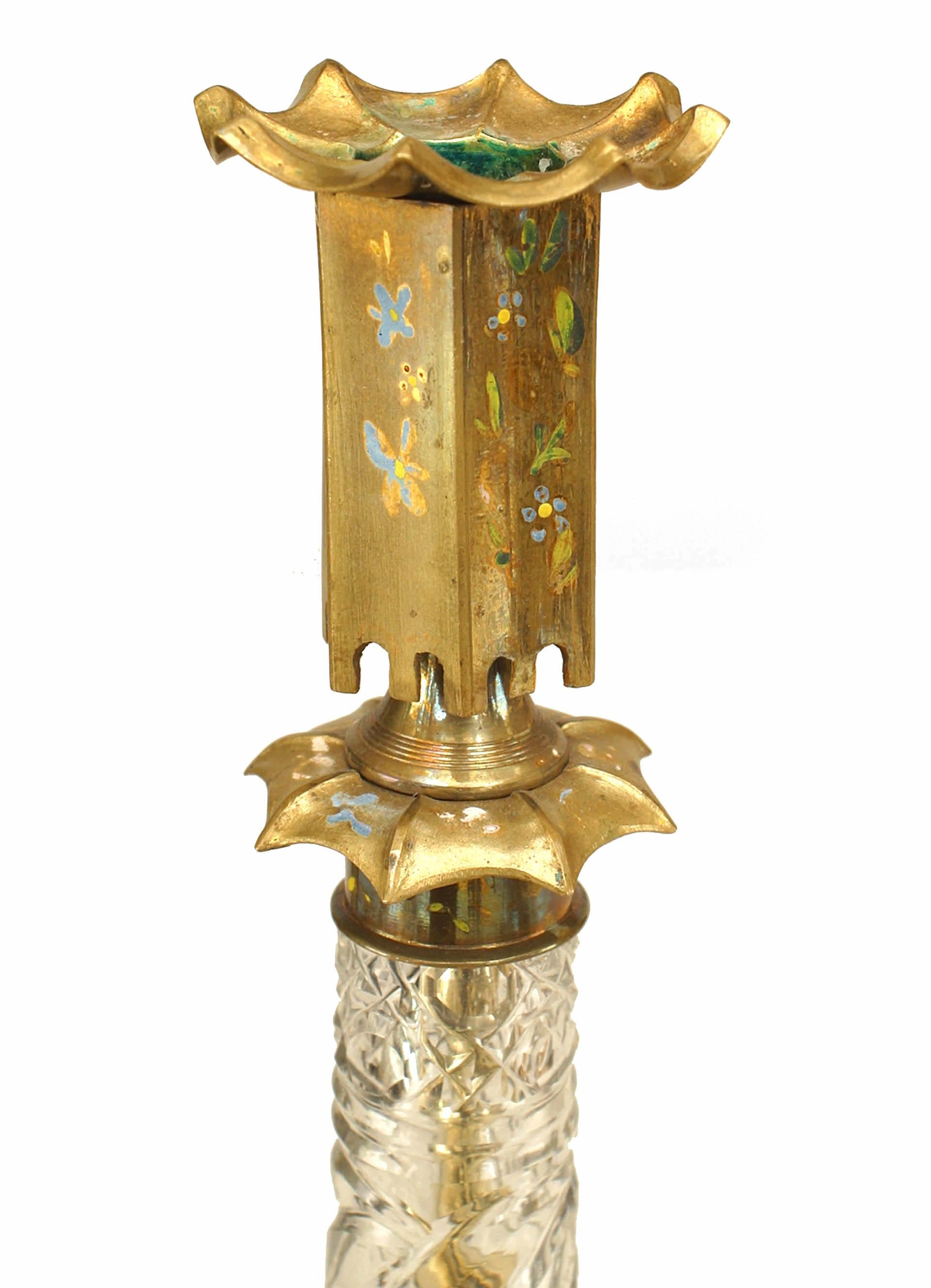 Neoclassical Pair of Neoclassic Cut Glass and Brass Candlesticks For Sale