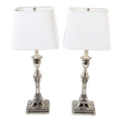 Antique Pair of 19th C. Neoclassical Rams Head Candlestick Lamps Sheffield Hallmark