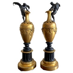 Pair of 19th C. North European Ormolu & Patinated Demon, Bat & Snake Motif Urns