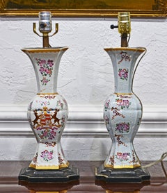 Pair of 19th C. Old Paris Baluster Form Table Lamps in the Famille Rose Taste