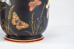 Pair of 19th c Old Paris Cachepots/Planters Black w/ Hand Painted Butterflies