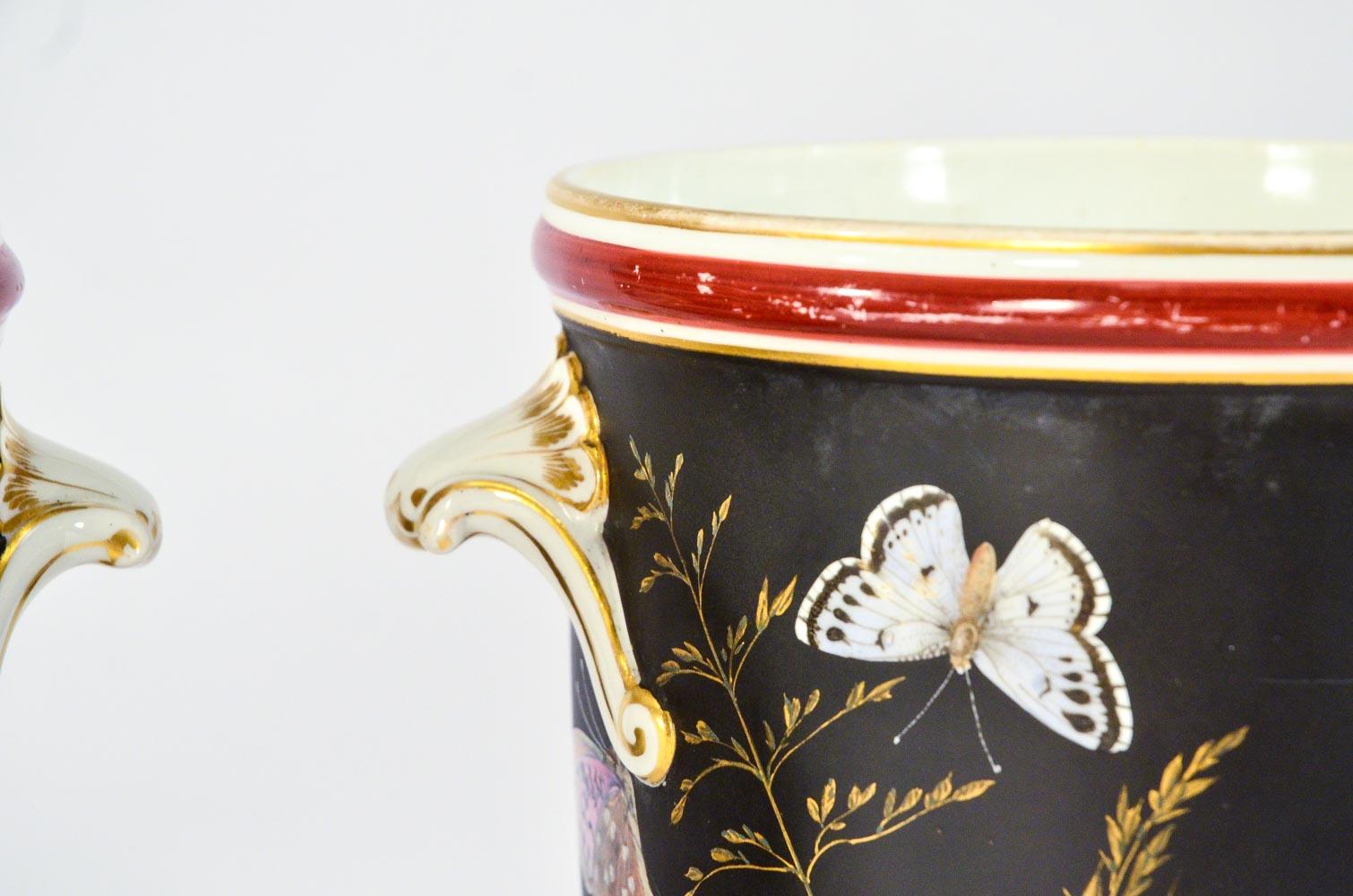 French Pair of 19th c Old Paris Cachepots/Planters Black w/ Hand Painted Butterflies