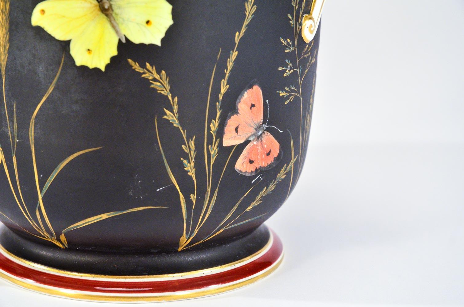 19th Century Pair of 19th c Old Paris Cachepots/Planters Black w/ Hand Painted Butterflies
