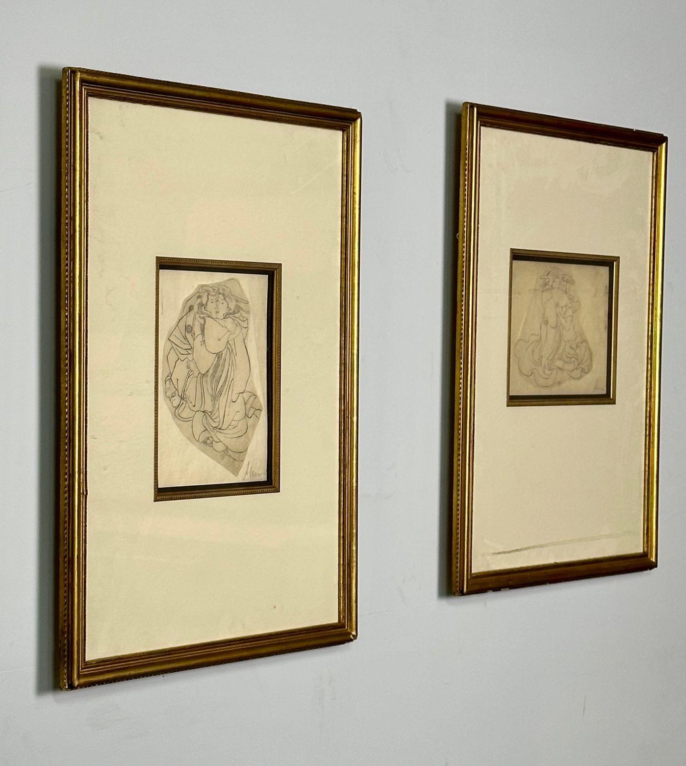 Paar fein gerahmte orientalische Shunga-Zeichnungen aus dem 19. Jahrhundert, 'Liebespaar', signiert und datiert
Ein wunderbar dekoratives Paar fein gerahmter und mit Passepartout versehener Zeichnungen eines Mannes und einer Frau, die sich liebevoll