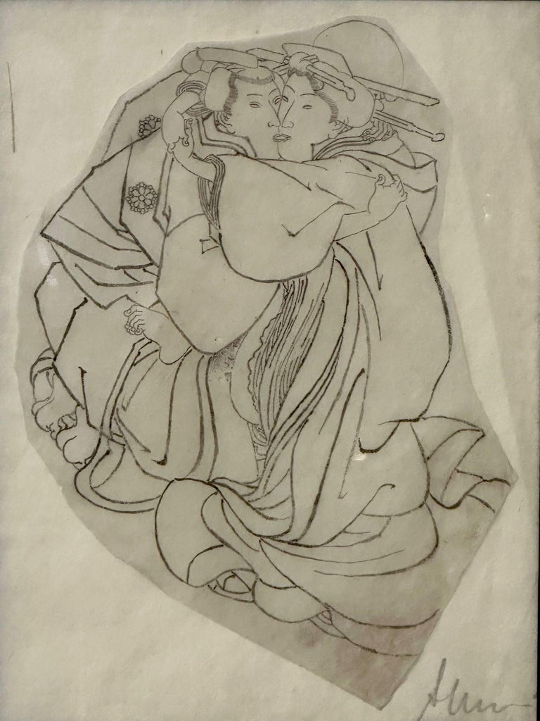 Typical Shunga Example Pair of 19th C. Oriental Shunga Drawings, 'Loving Couple' Signed and ...