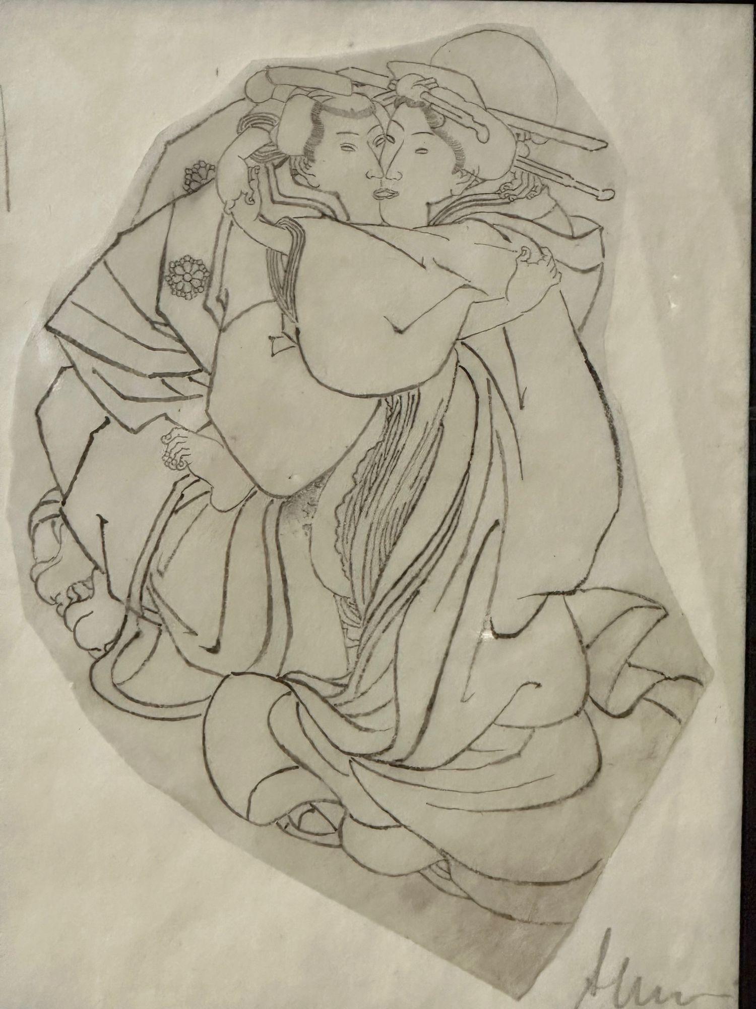 Orientalische Shunga-Zeichnungen des 19. Jahrhunderts, Loving Couple, signiert und datiert, Paar (Vergoldetes Holz)