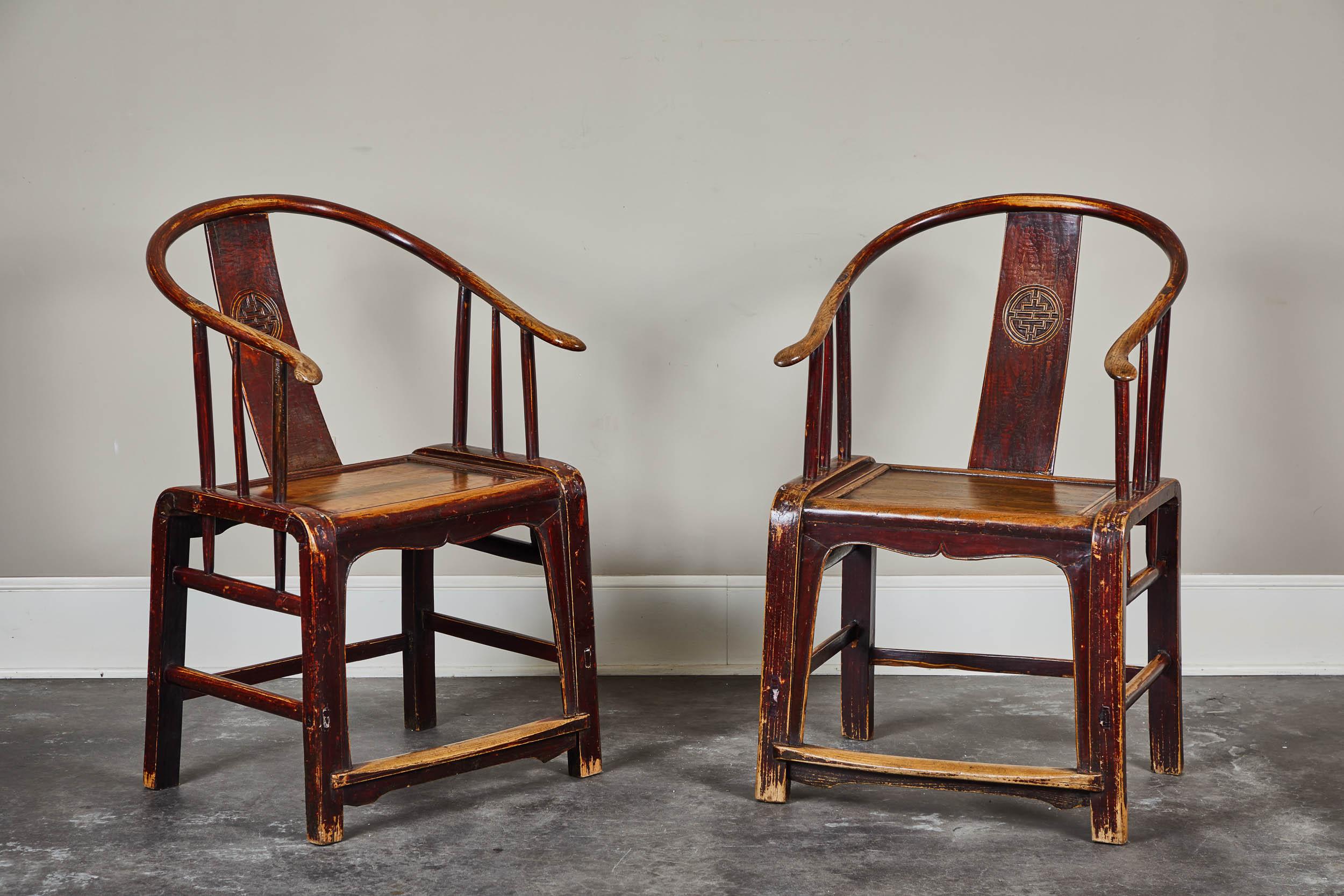 Elm Pair of 19th Century Oxblood Chinese Horseshoe Chairs