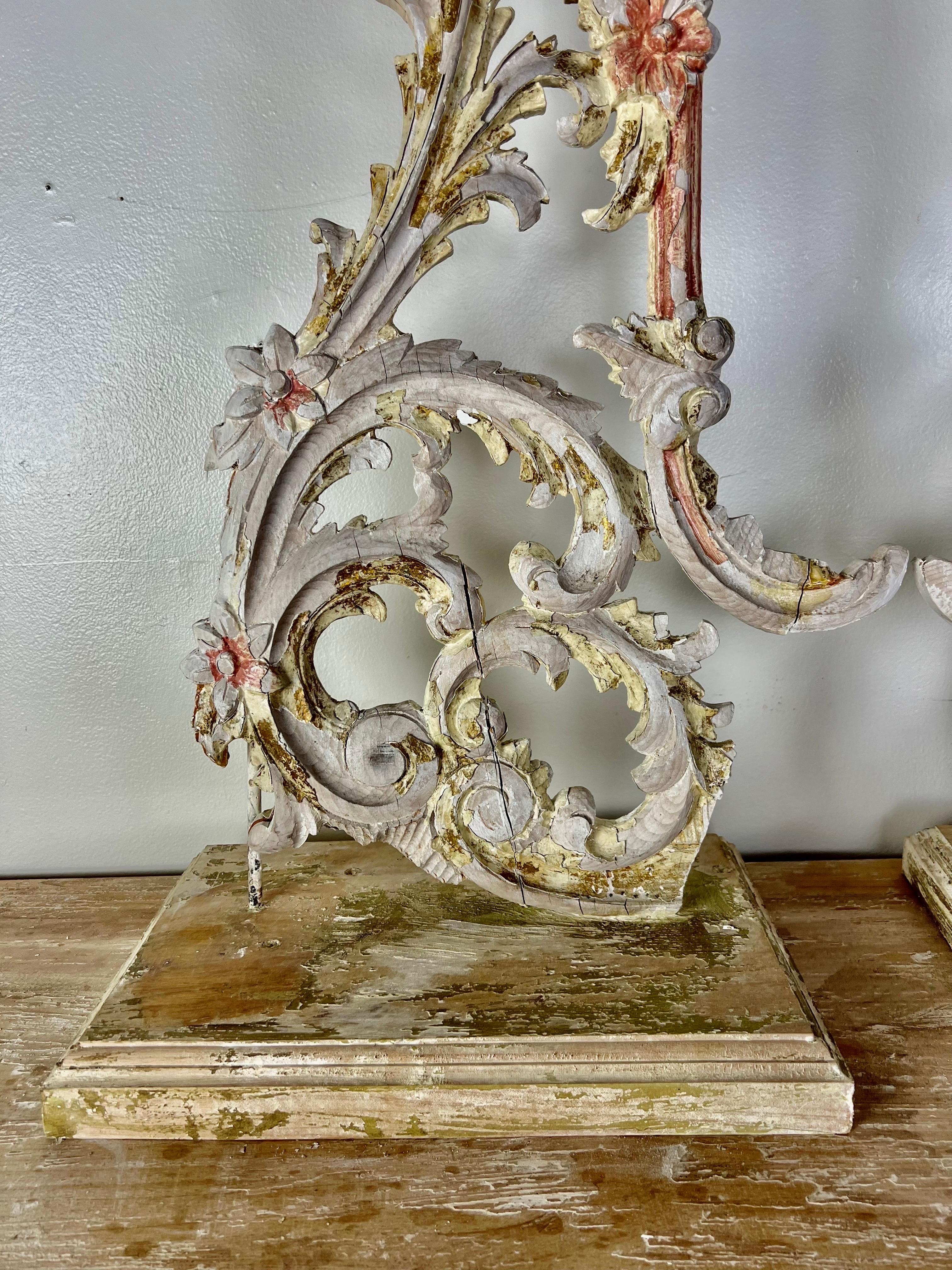Rococo Pair of 19th C. Painted Italian Carvings on Bases For Sale