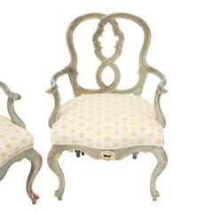 Pair of 19th C. Painted Louis XV Armchairs With Openwork Scroll Backs