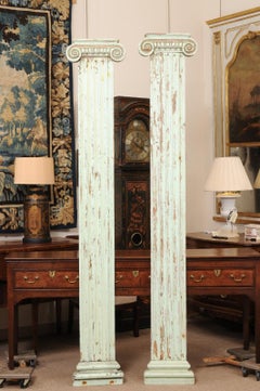 Pair of 19th C Painted Pale Green Carved Wood Architectural Pilaster Columns