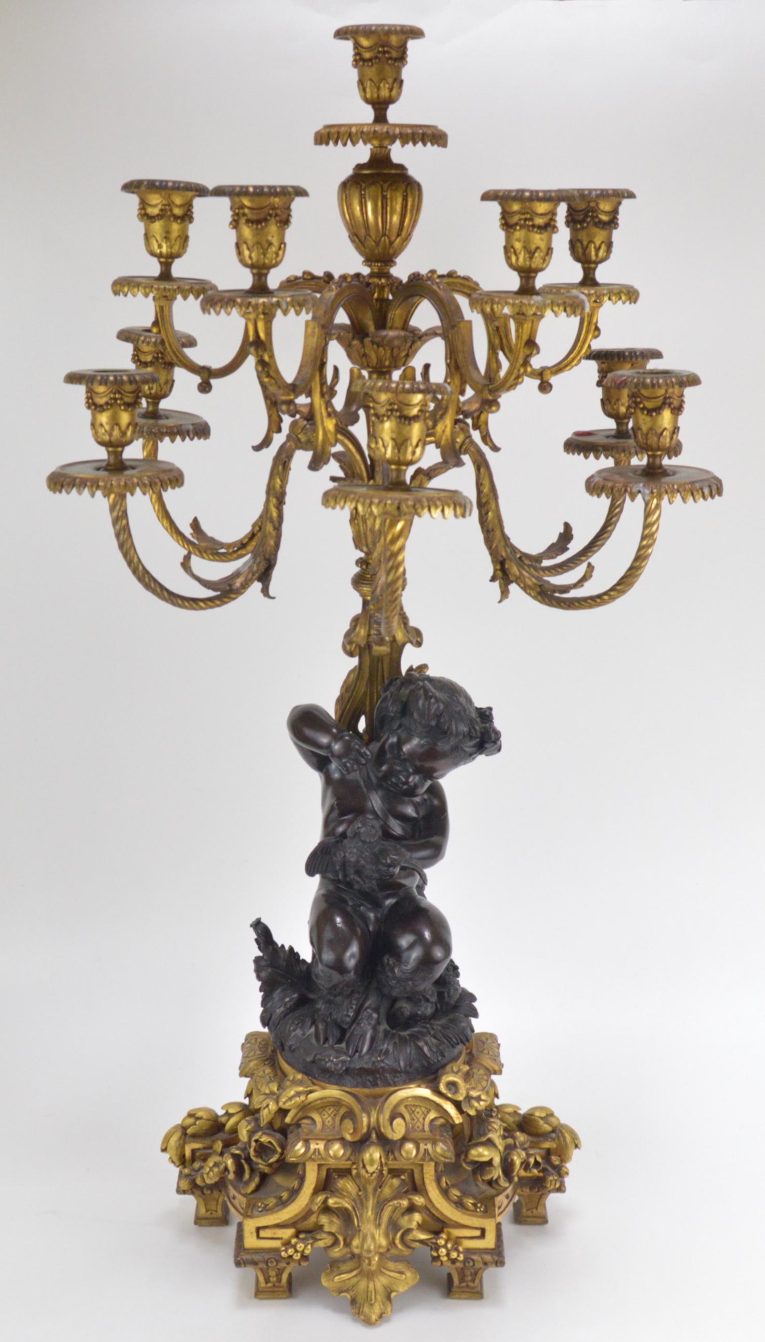Pair of 19th Century Patinated and Gilt Bronze Candelabra Representing Fauns 1