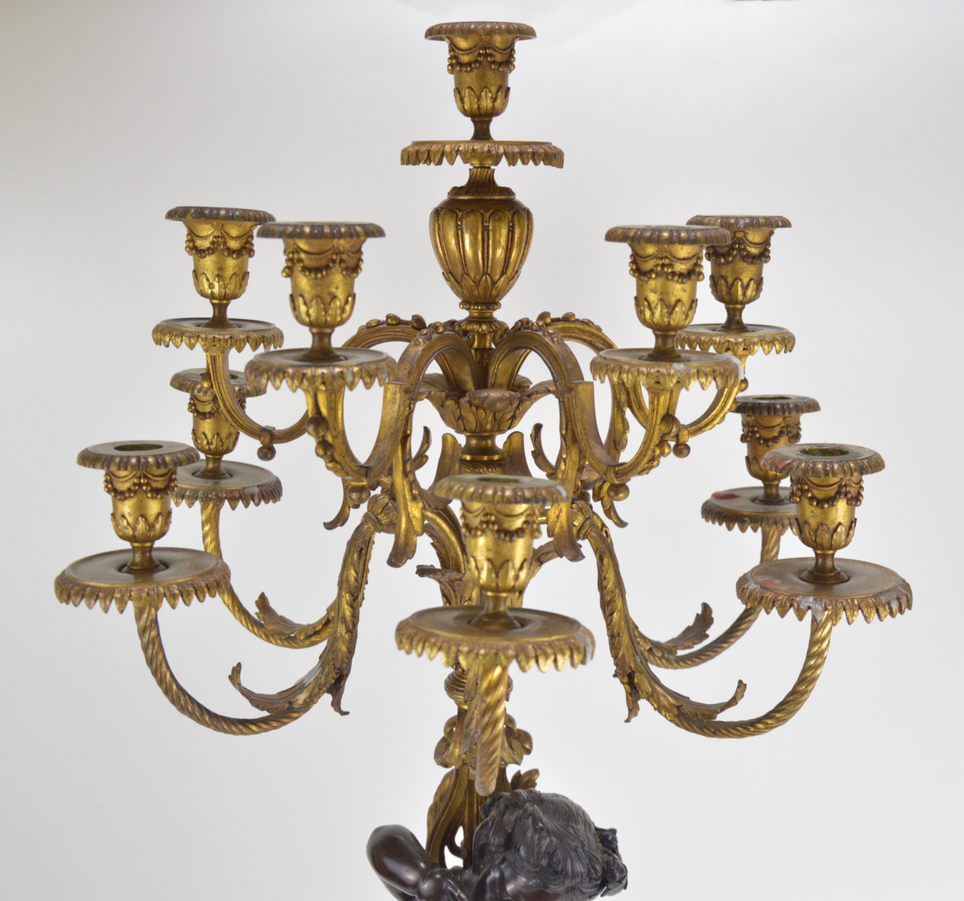 Pair of 19th Century Patinated and Gilt Bronze Candelabra Representing Fauns 2
