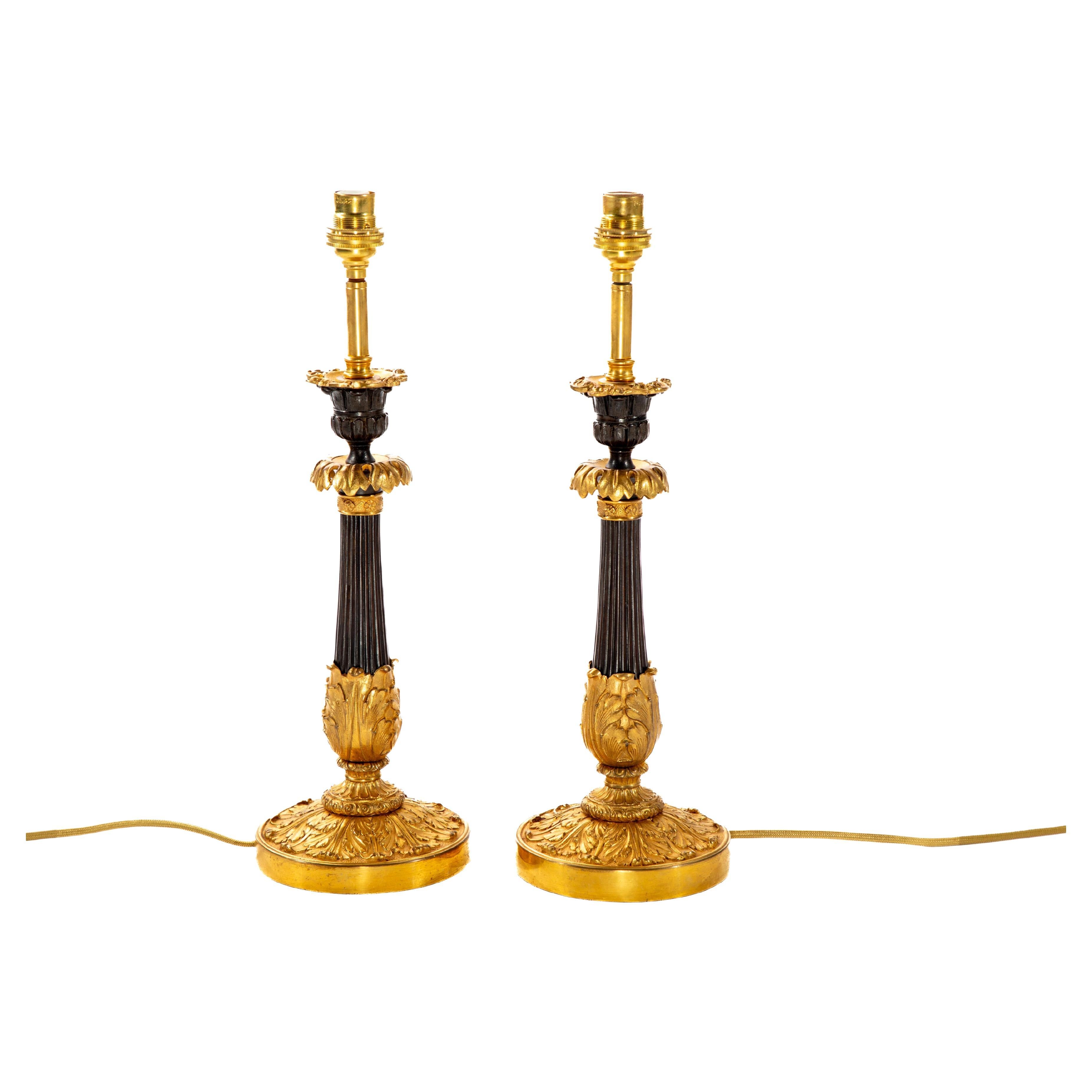 Pair of 19th C. Regency Gilt and Patinated Metal Table Lamps