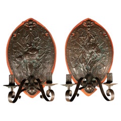 Antique Pair of 19th C. Repoussé Metal Hunting Scene Wall Sconces with Leather Mounts