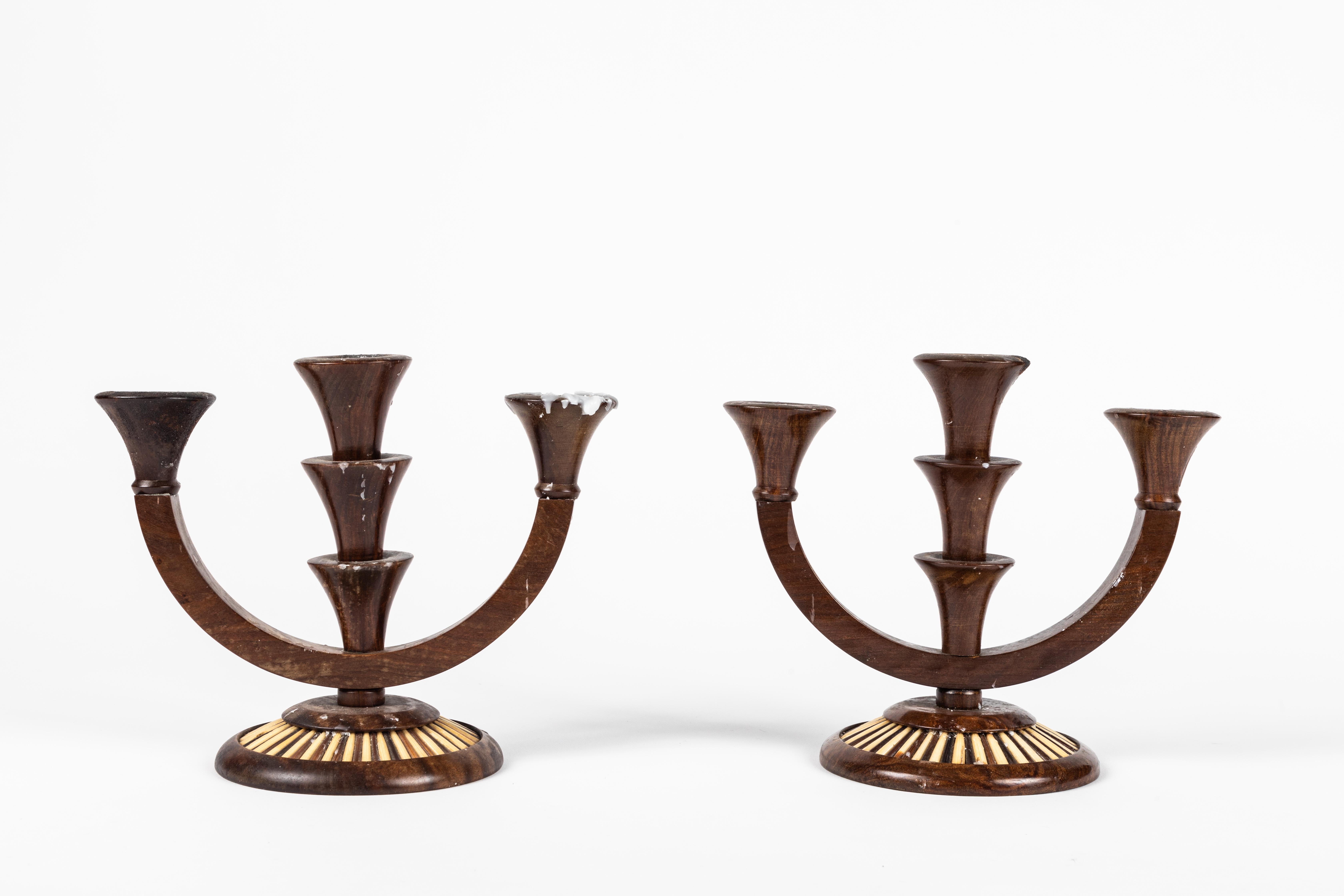 Pair of 3-arm rosewood candelabra with quill inset detail on base. English, 19th century.