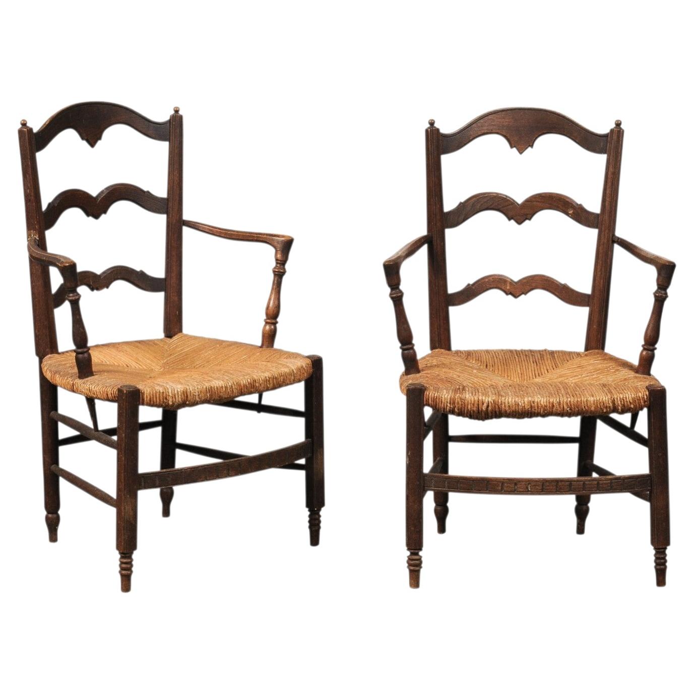 19th Century French Provincial Rush Seat Armchairs, Hand-Crafted Pair