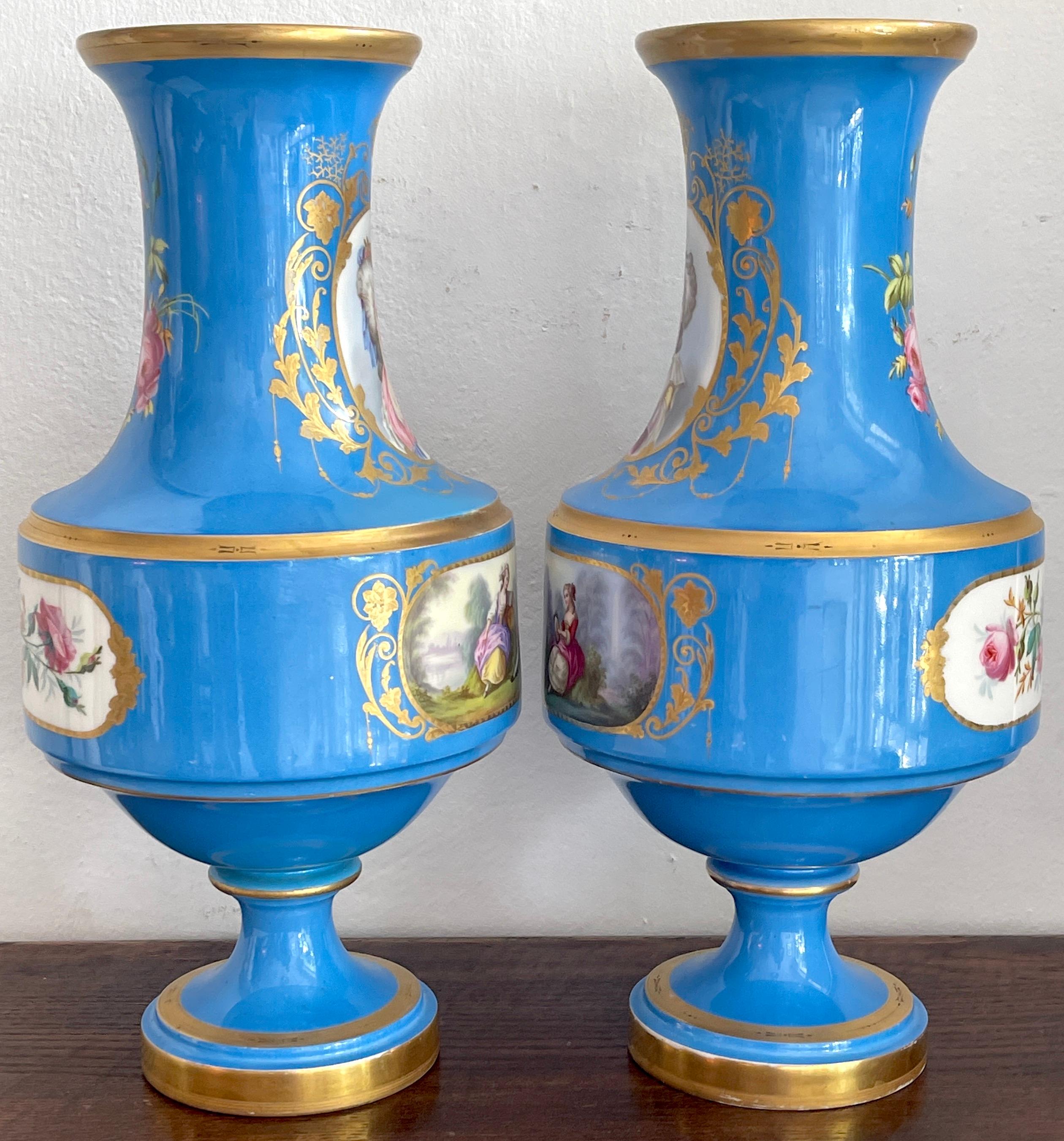 Pair of 19th C Sevres Blue Celeste Portrait Vases 3