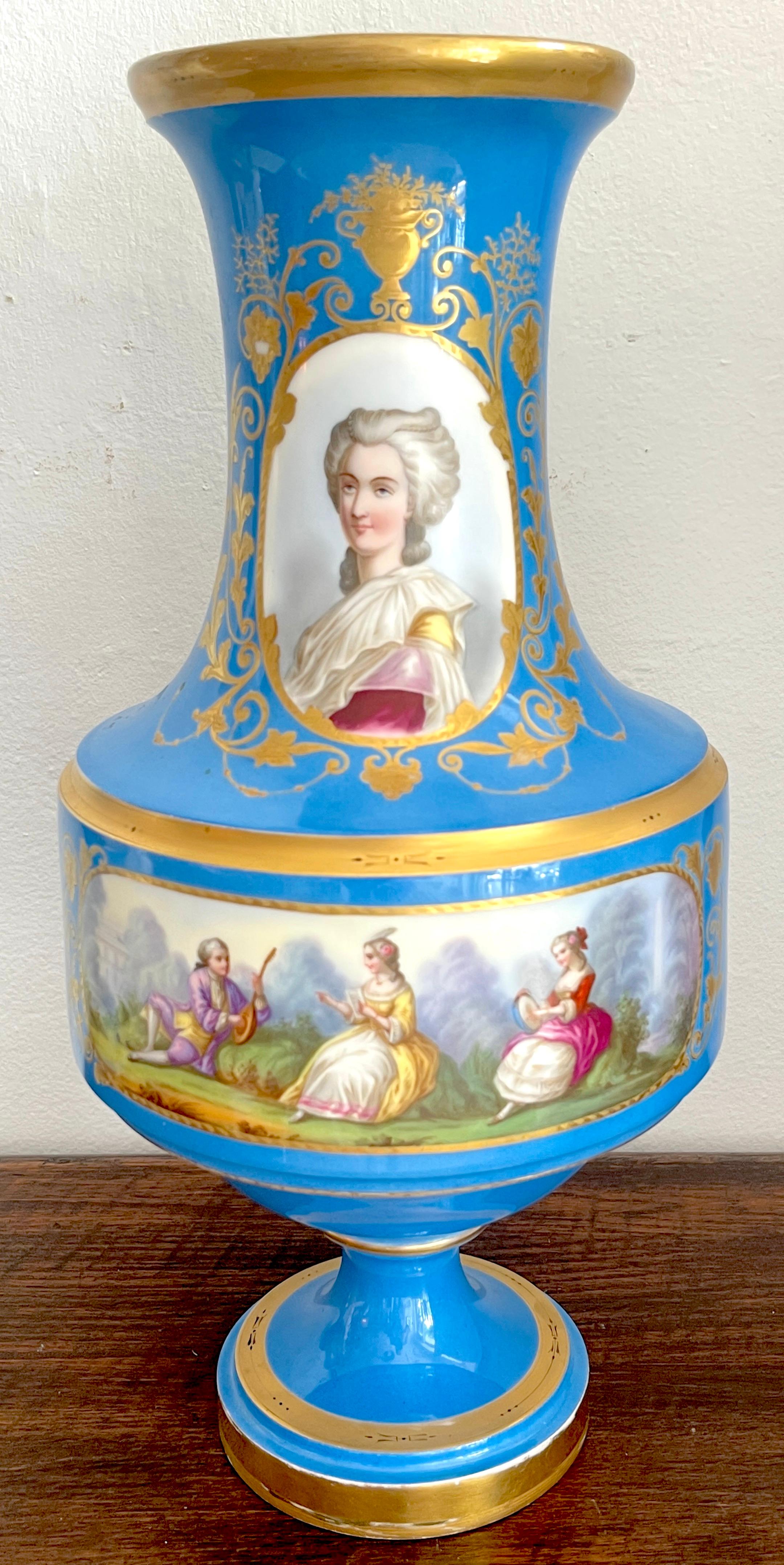 Louis XVI Pair of 19th C Sevres Blue Celeste Portrait Vases