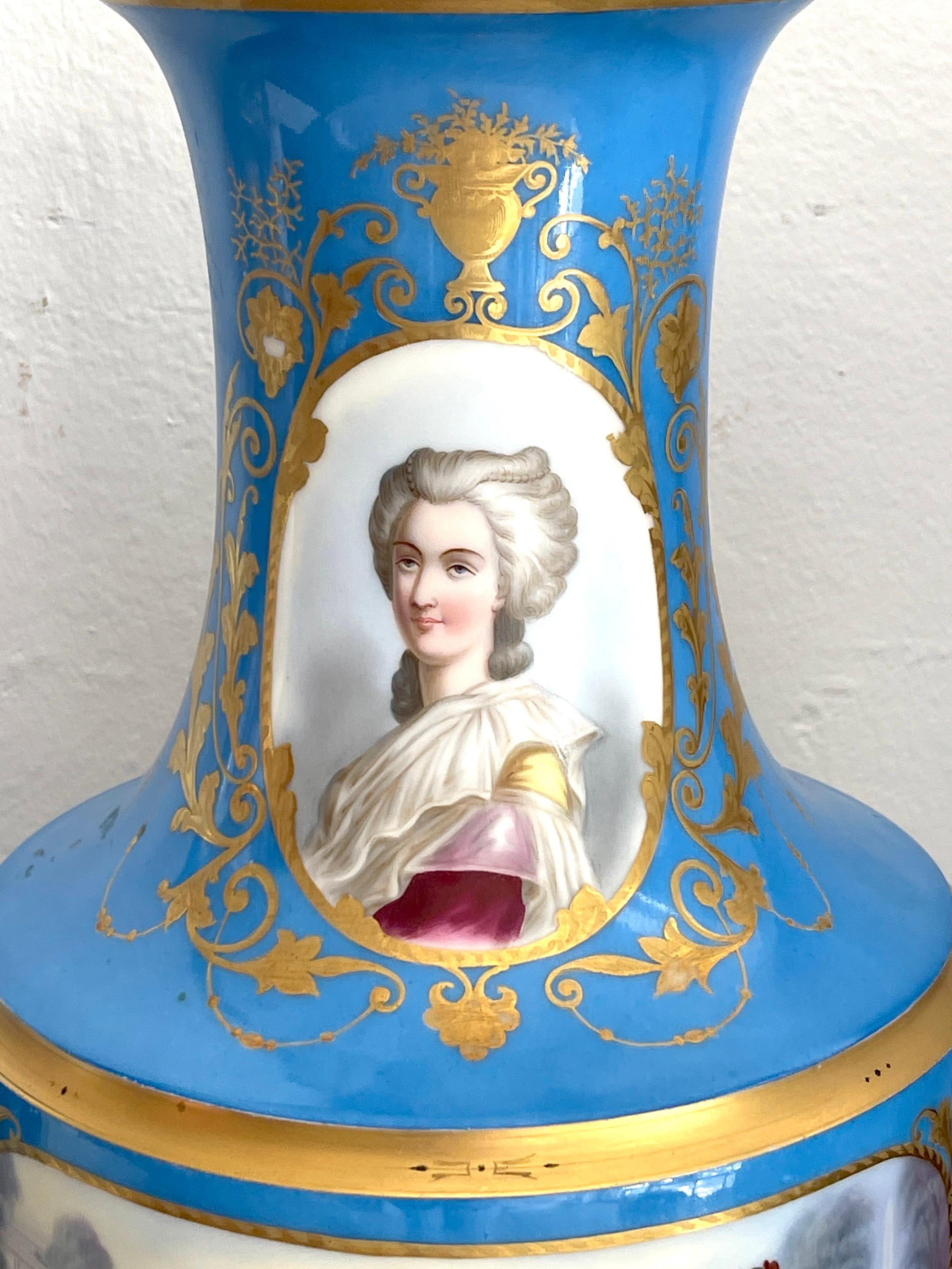 French Pair of 19th C Sevres Blue Celeste Portrait Vases