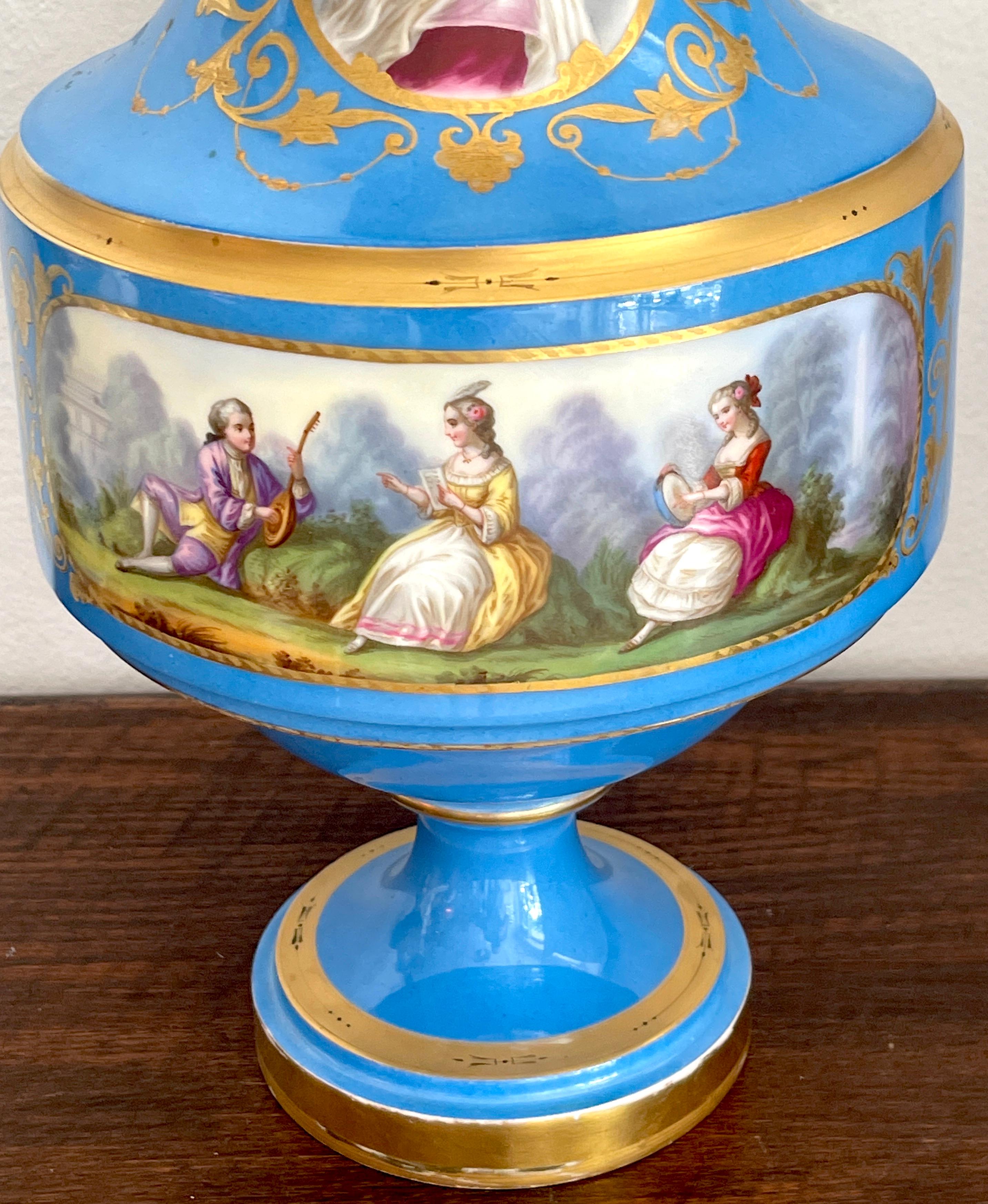 Gilt Pair of 19th C Sevres Blue Celeste Portrait Vases