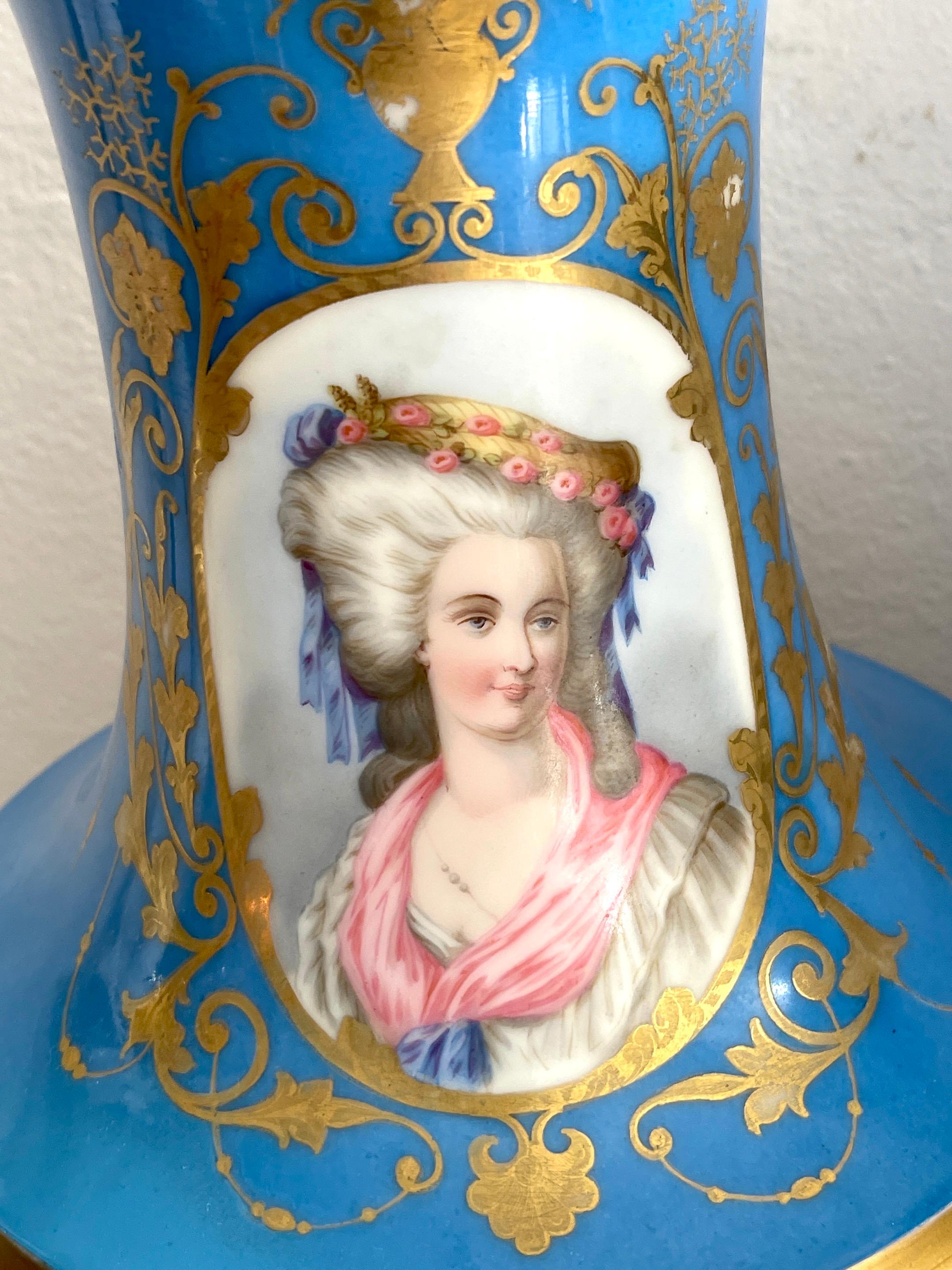 Porcelain Pair of 19th C Sevres Blue Celeste Portrait Vases