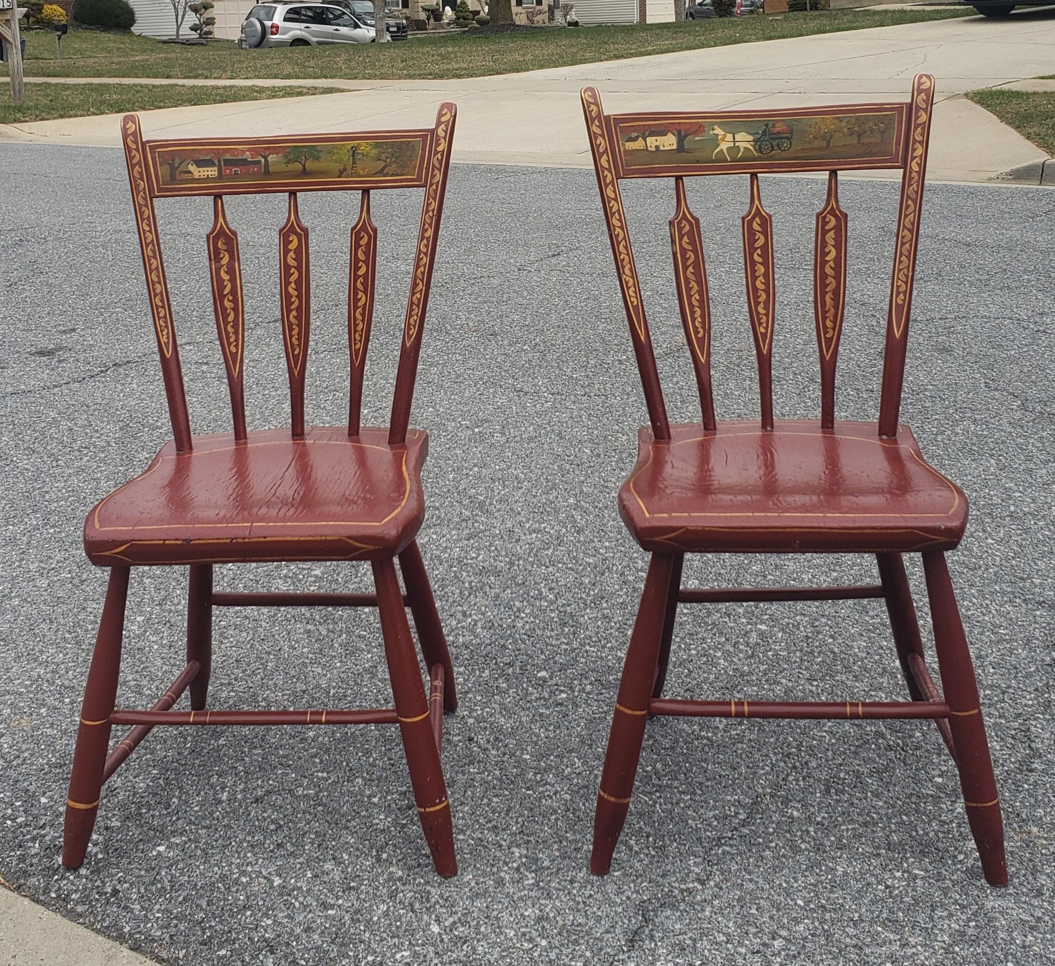 Pair of 19th Century. Signed Hand Painted and Decorated Plank Seat Side Chairs For Sale 4