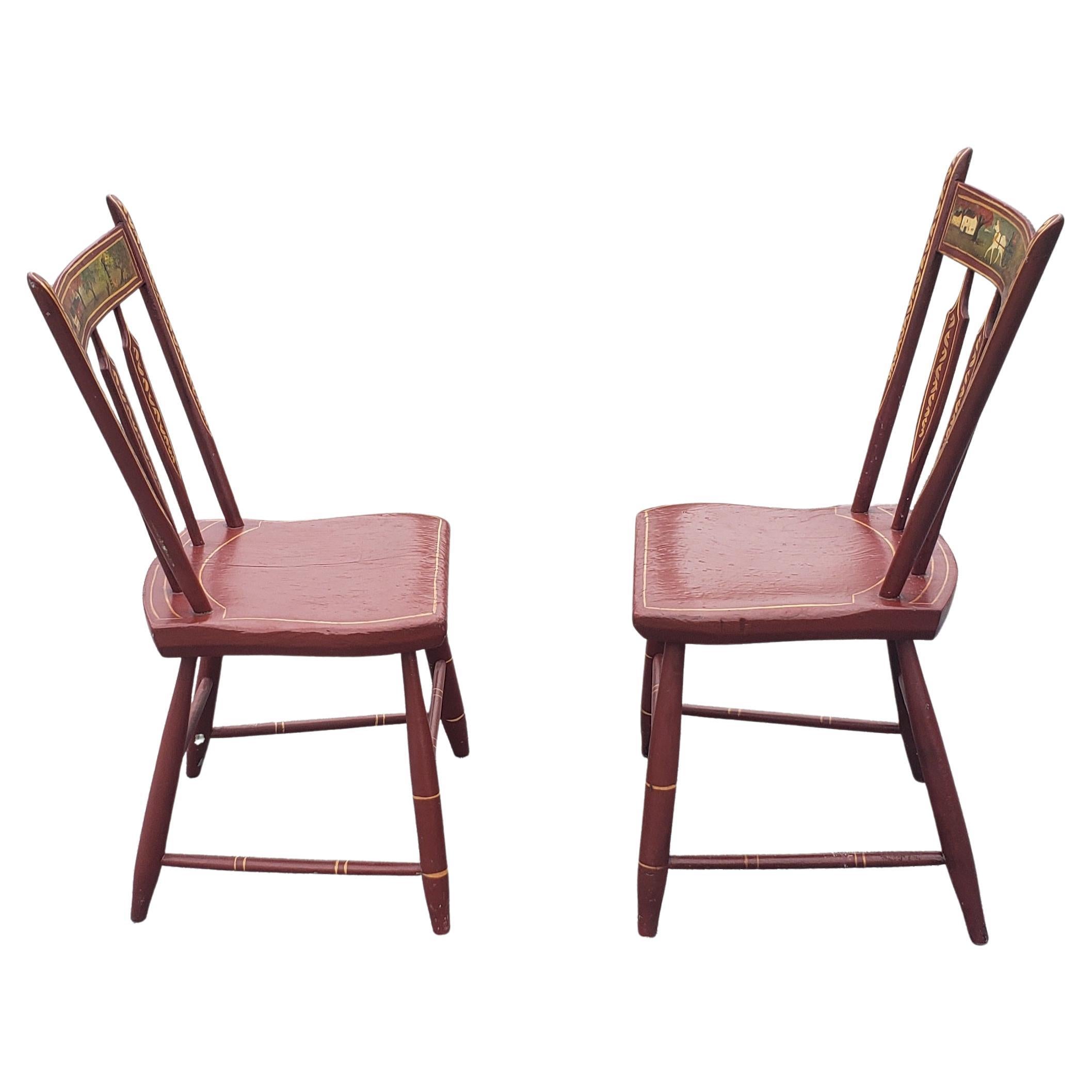 Hardwood Pair of 19th Century. Signed Hand Painted and Decorated Plank Seat Side Chairs For Sale