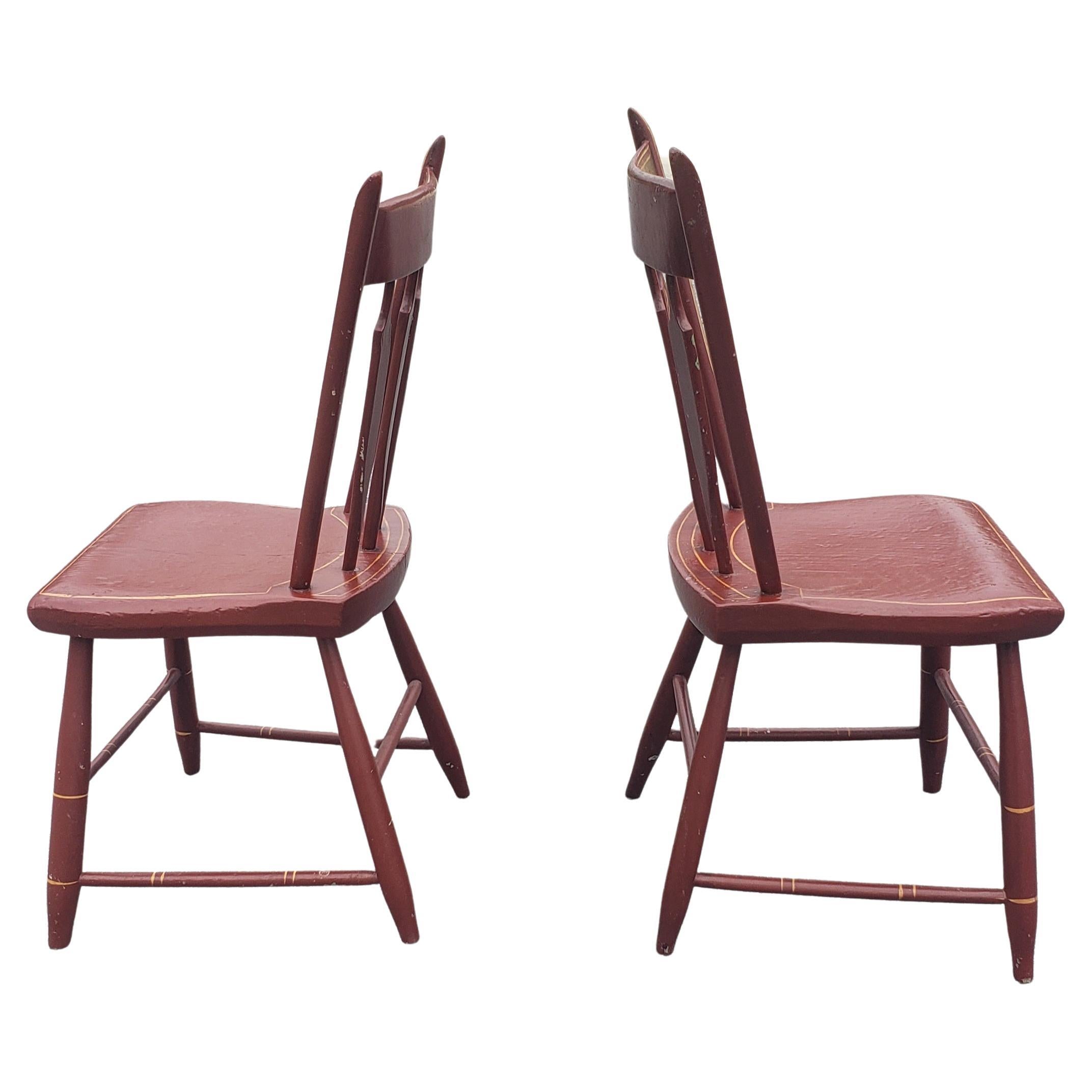 Pair of 19th Century. Signed Hand Painted and Decorated Plank Seat Side Chairs For Sale 1