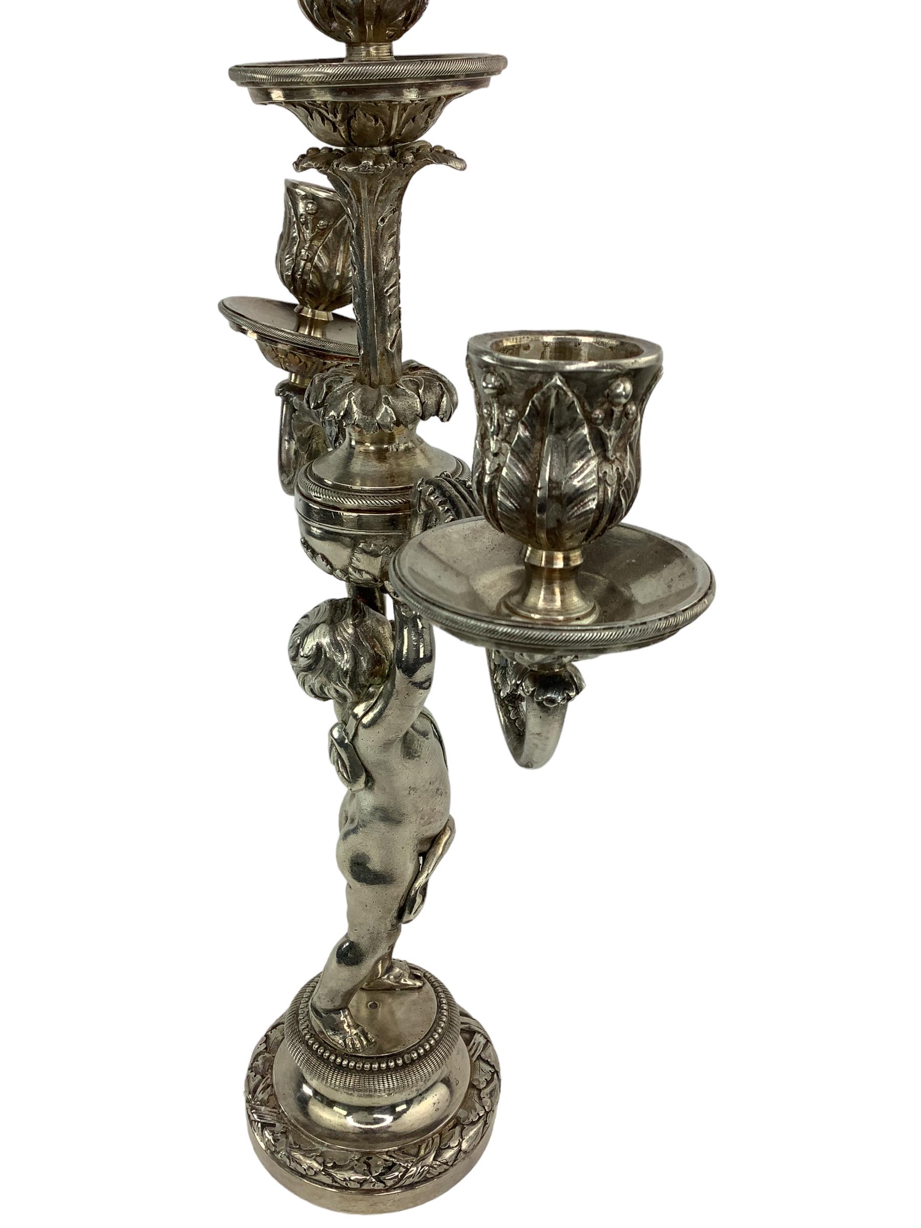 French Pair of 19th C Silvered Bronze Putti Candelabras  For Sale